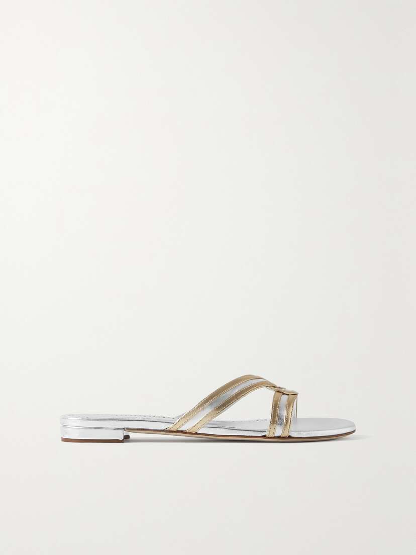 Manolo Blahnik Gasachan Two-tone Metallic Leather Slides