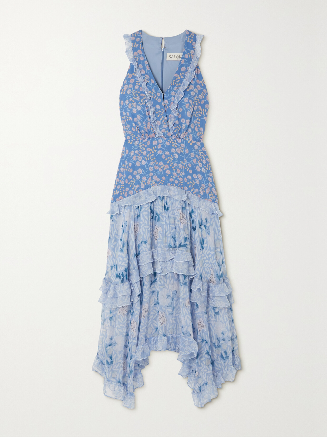 Saloni Jolie Tiered Floral-print Silk-chiffon And Crepon Maxi Dress - Blue