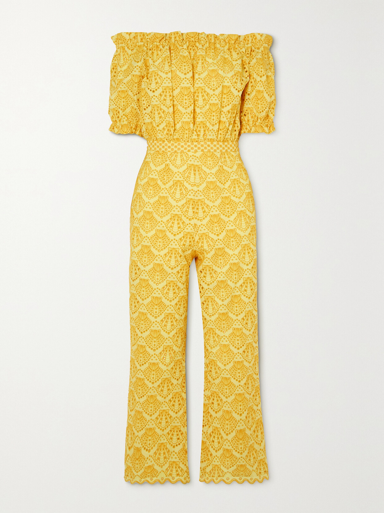 Saloni - Juli Shirred Off-the-shoulder Broderie Anglaise Cotton Jumpsuit - Yellow