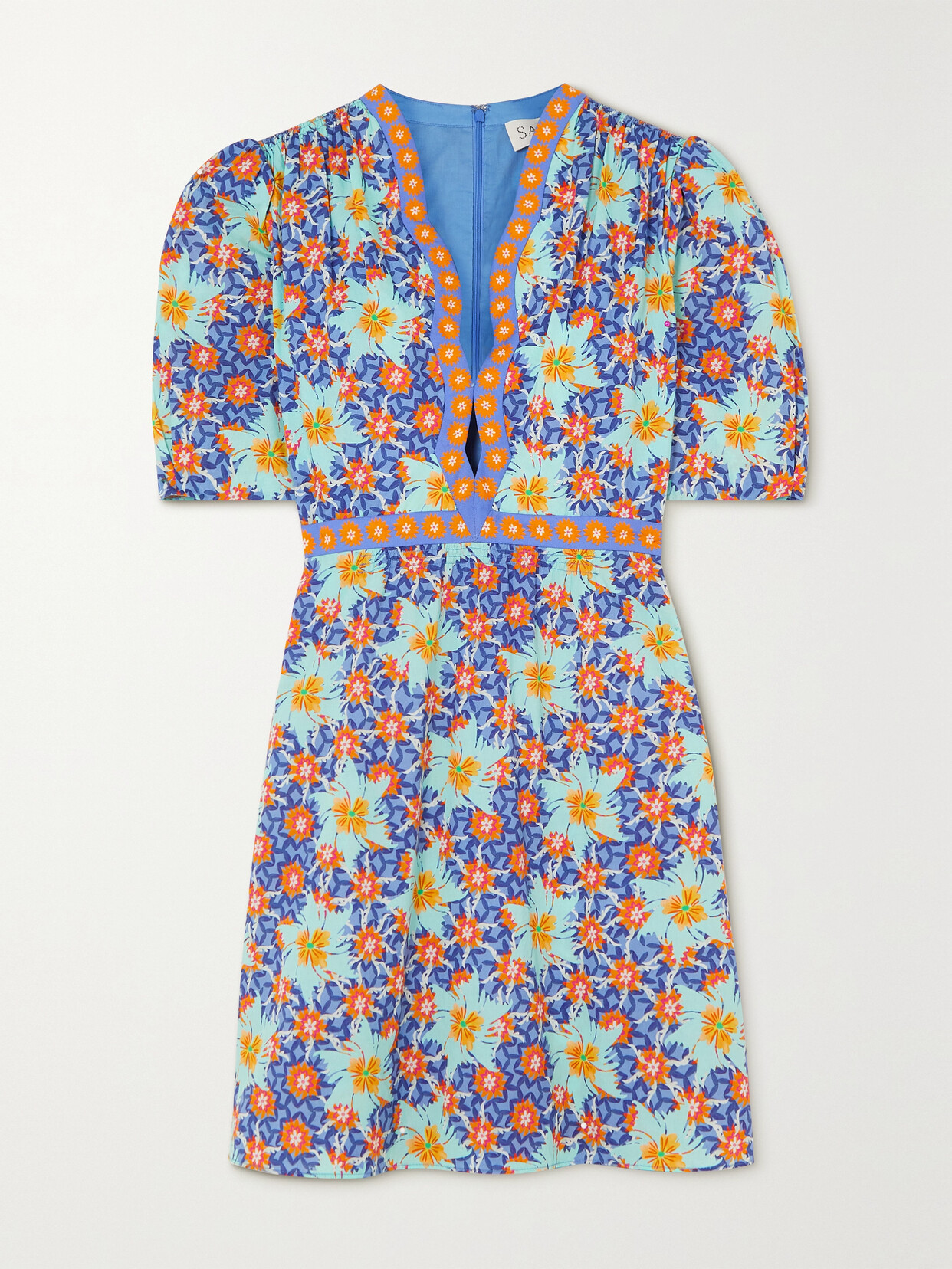 Saloni Tabitha Floral-print Cotton-poplin Mini Dress - Blue