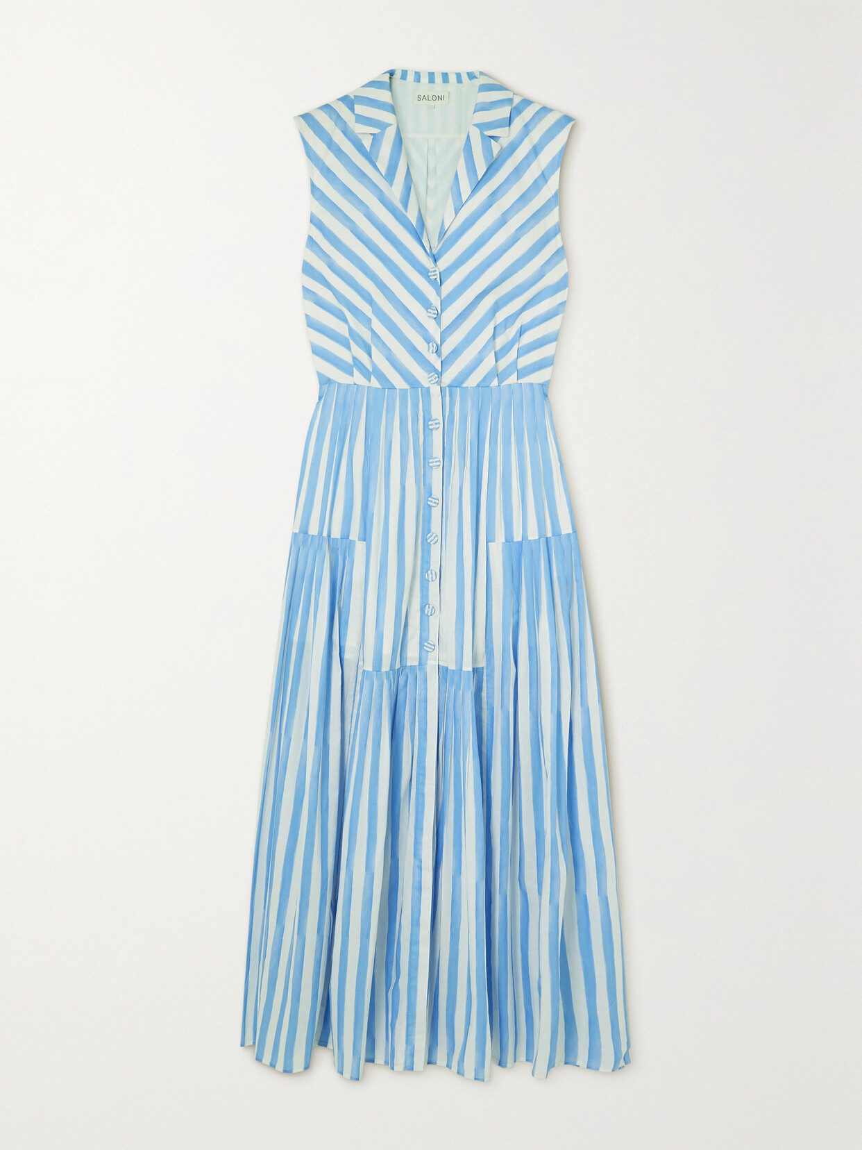 Saloni - Arya Tiered Pleated Striped Organic Cotton-poplin Midi Dress - Blue