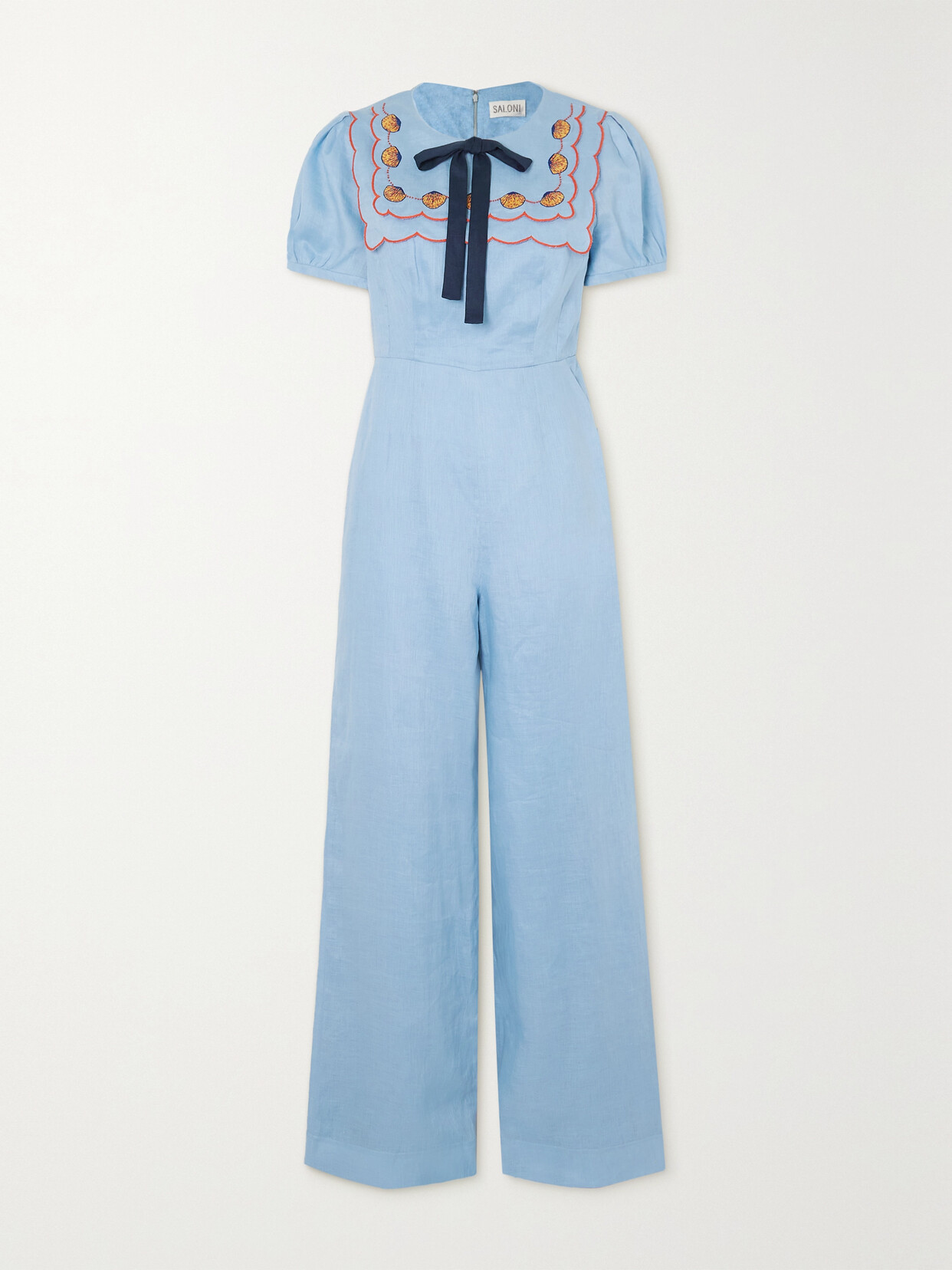 Saloni - Marlowe Bow-detailed Embellished Linen Jumpsuit - Blue