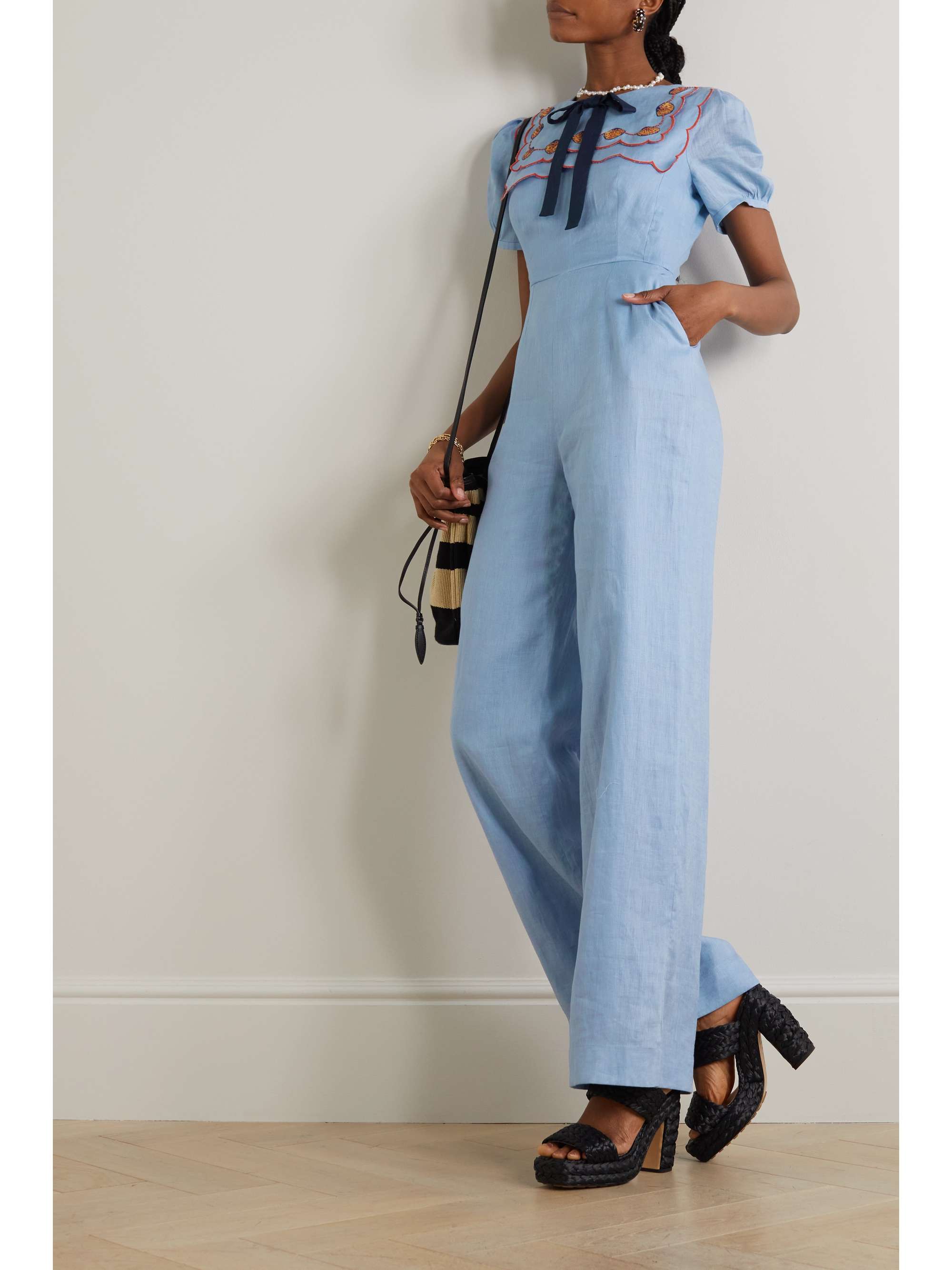 SALONI Marlowe bowdetailed embellished linen jumpsuit NETAPORTER