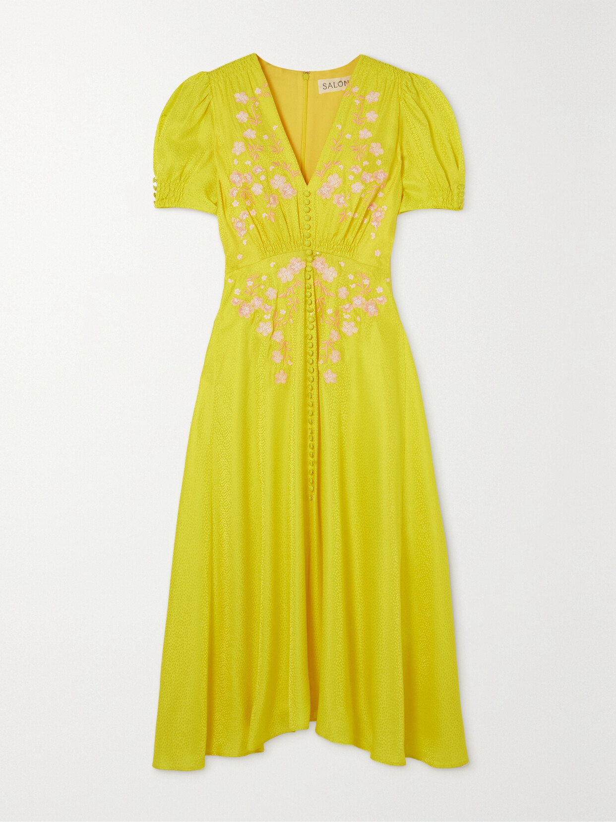 Saloni Lea Embroidered Silk-jacquard Midi Dress - Yellow