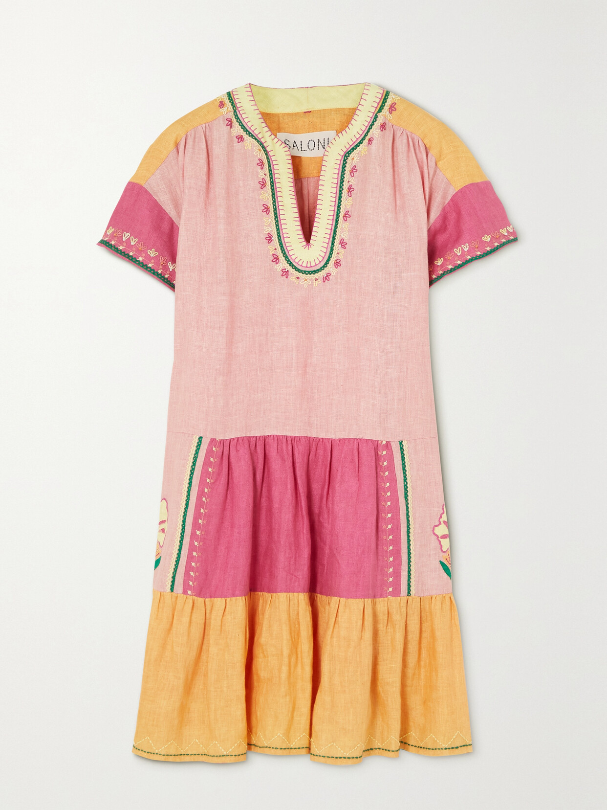 Saloni - Ashley Tiered Embroidered Linen Mini Dress - Pink