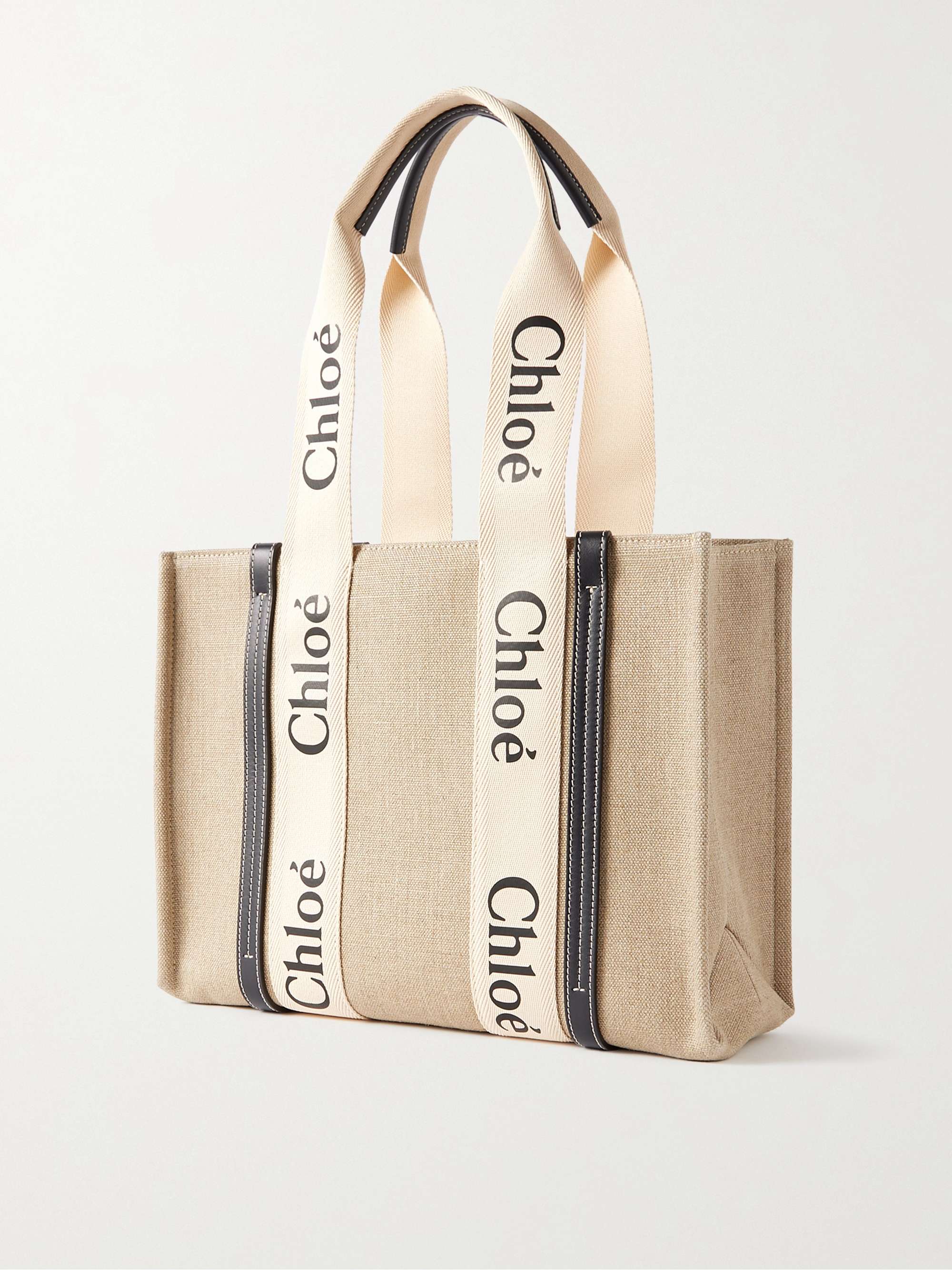 CHLOÉ + NET SUSTAIN Woody medium leather-trimmed linen tote