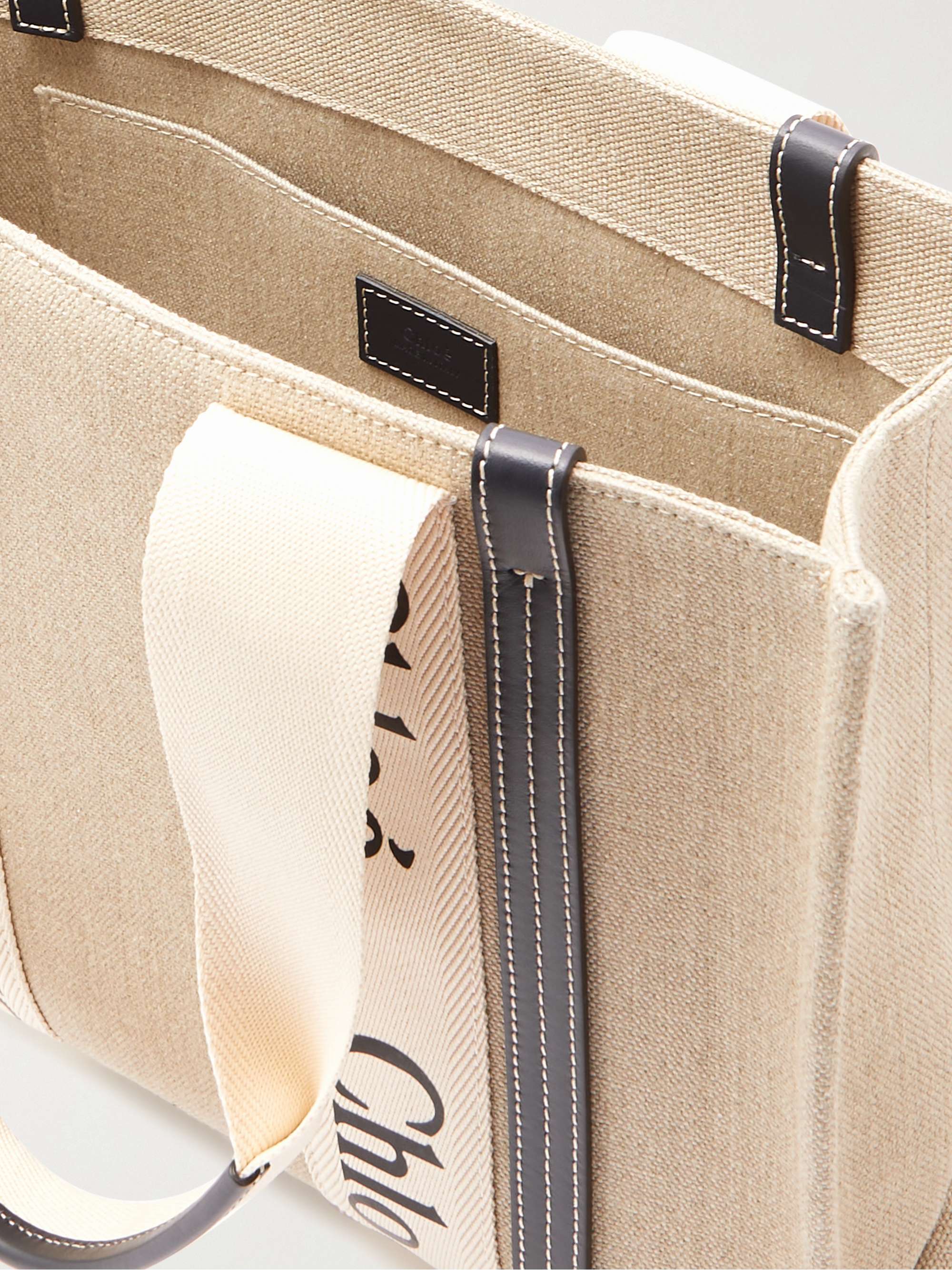 CHLOÉ + NET SUSTAIN Woody medium leather-trimmed linen tote