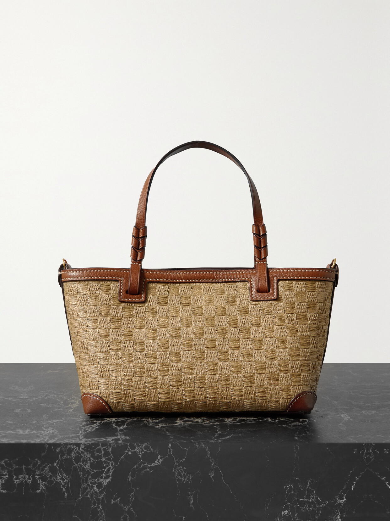 Metier Cala 21 Small Leather-trimmed Woven Straw Tote In Brown