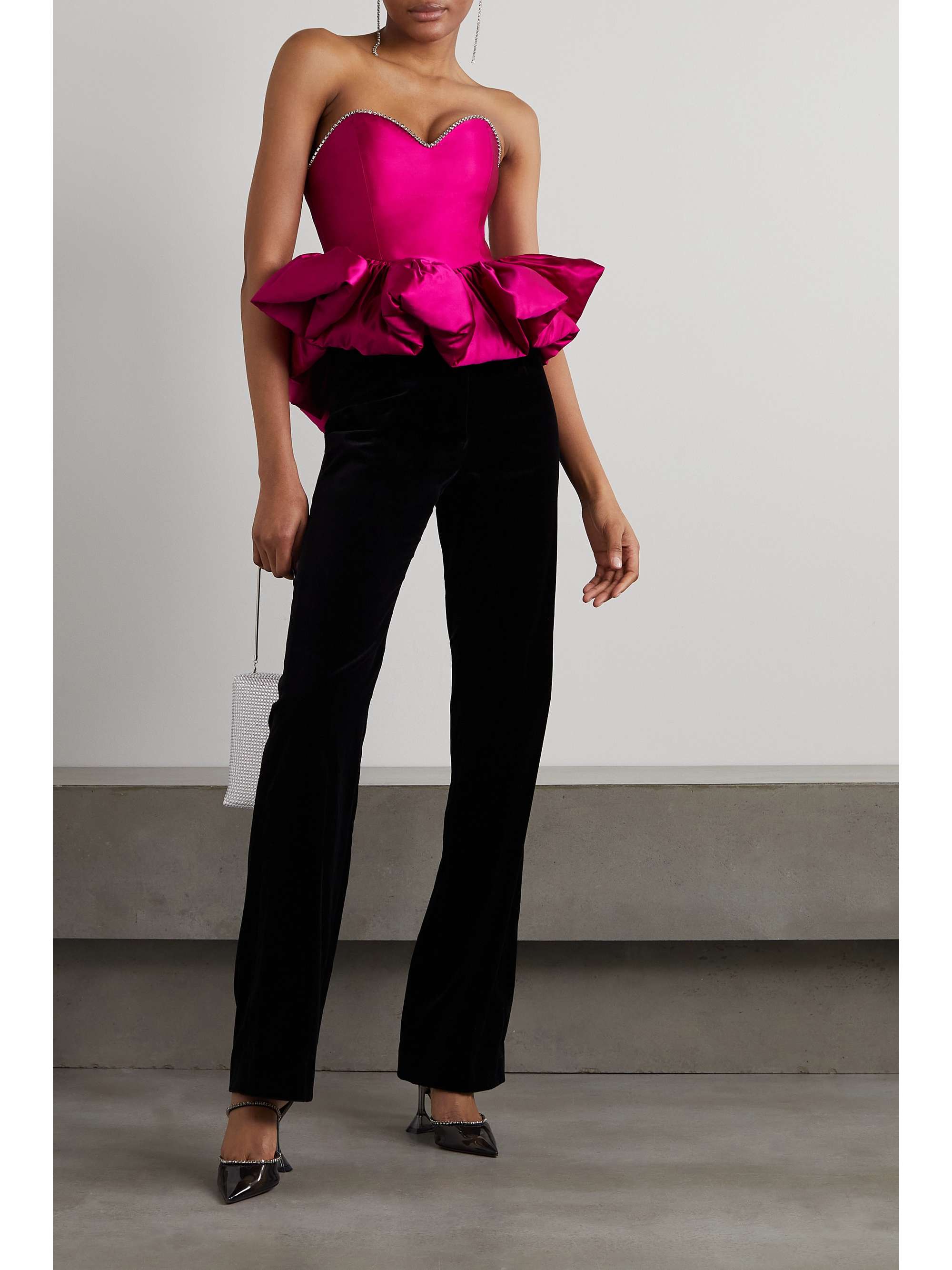 + The Vanguard embellished silk-blend satin peplum top