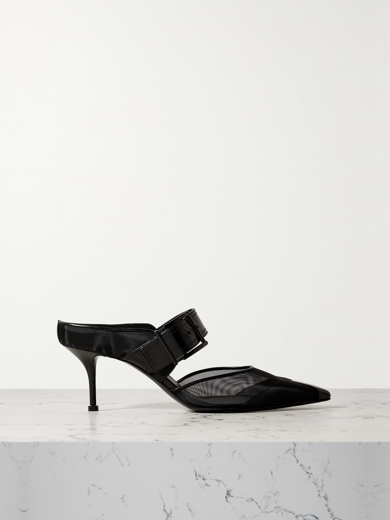 Alexander McQueen - Buckled Mesh And Leather Mules - Black