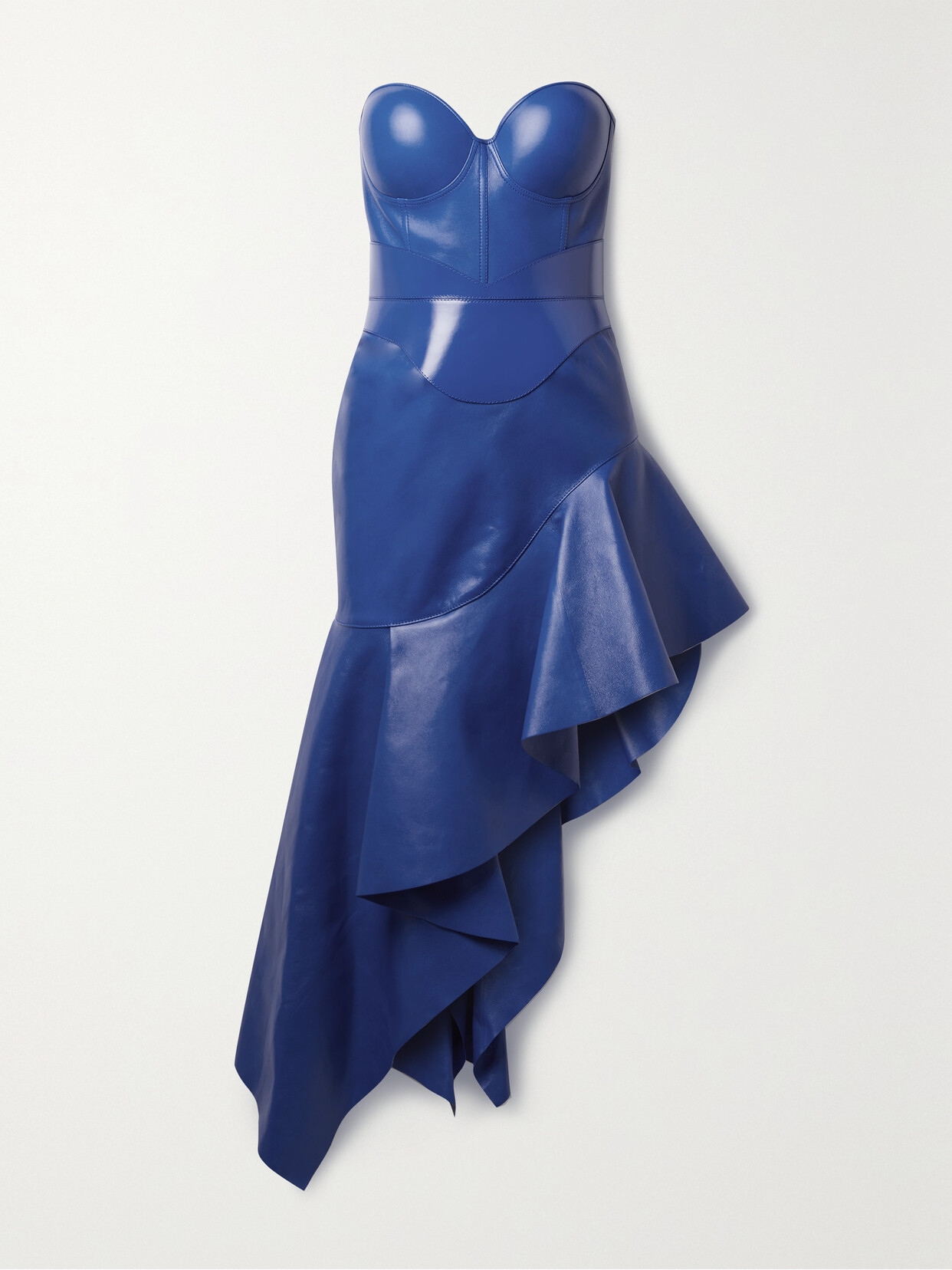 Alexander McQueen - Strapless Asymmetric Leather Dress - Blue