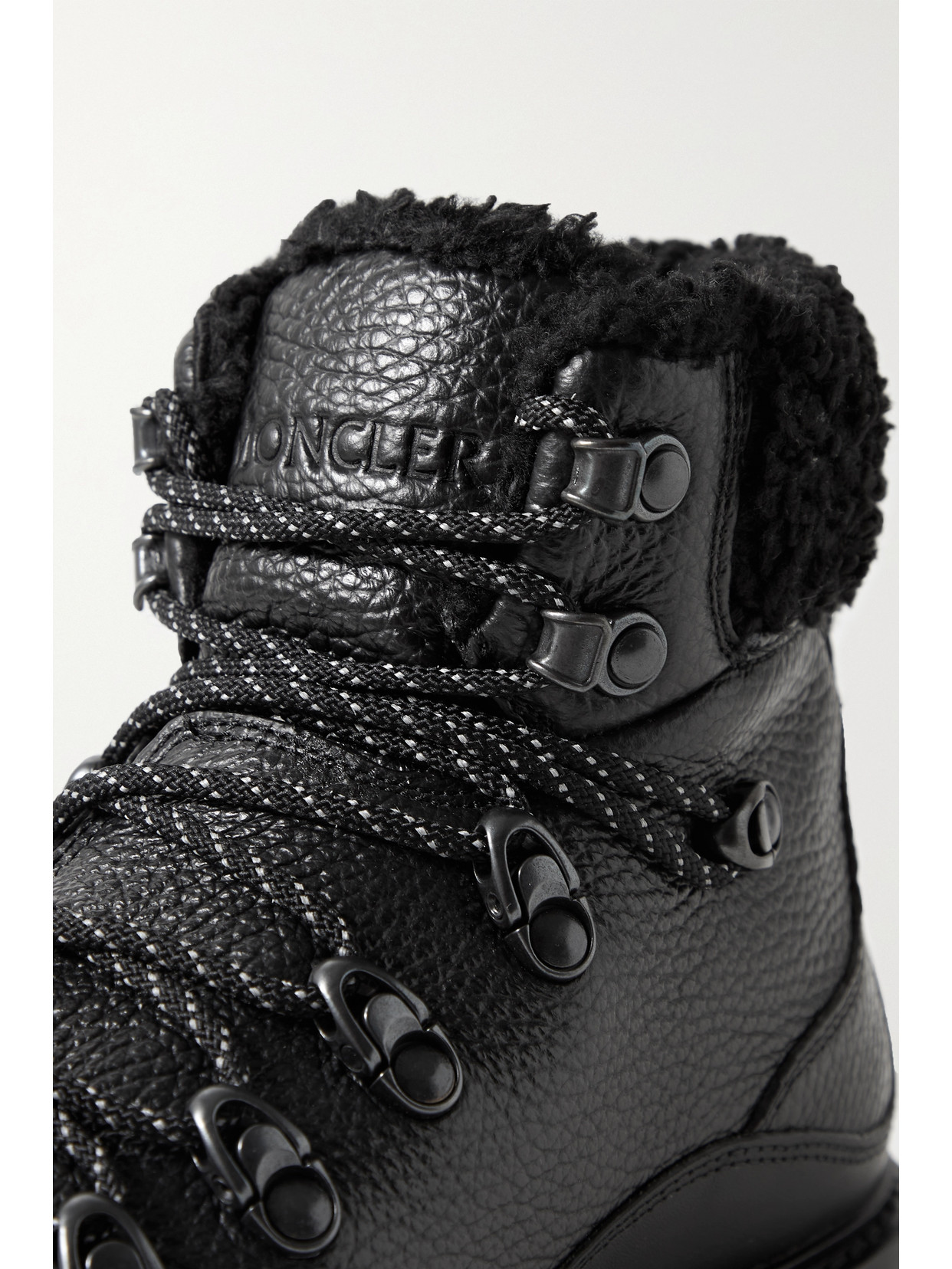 MONCLER PEKA TREK FAUX FUR-TRIMMED TEXTURED-LEATHER ANKLE BOOTS