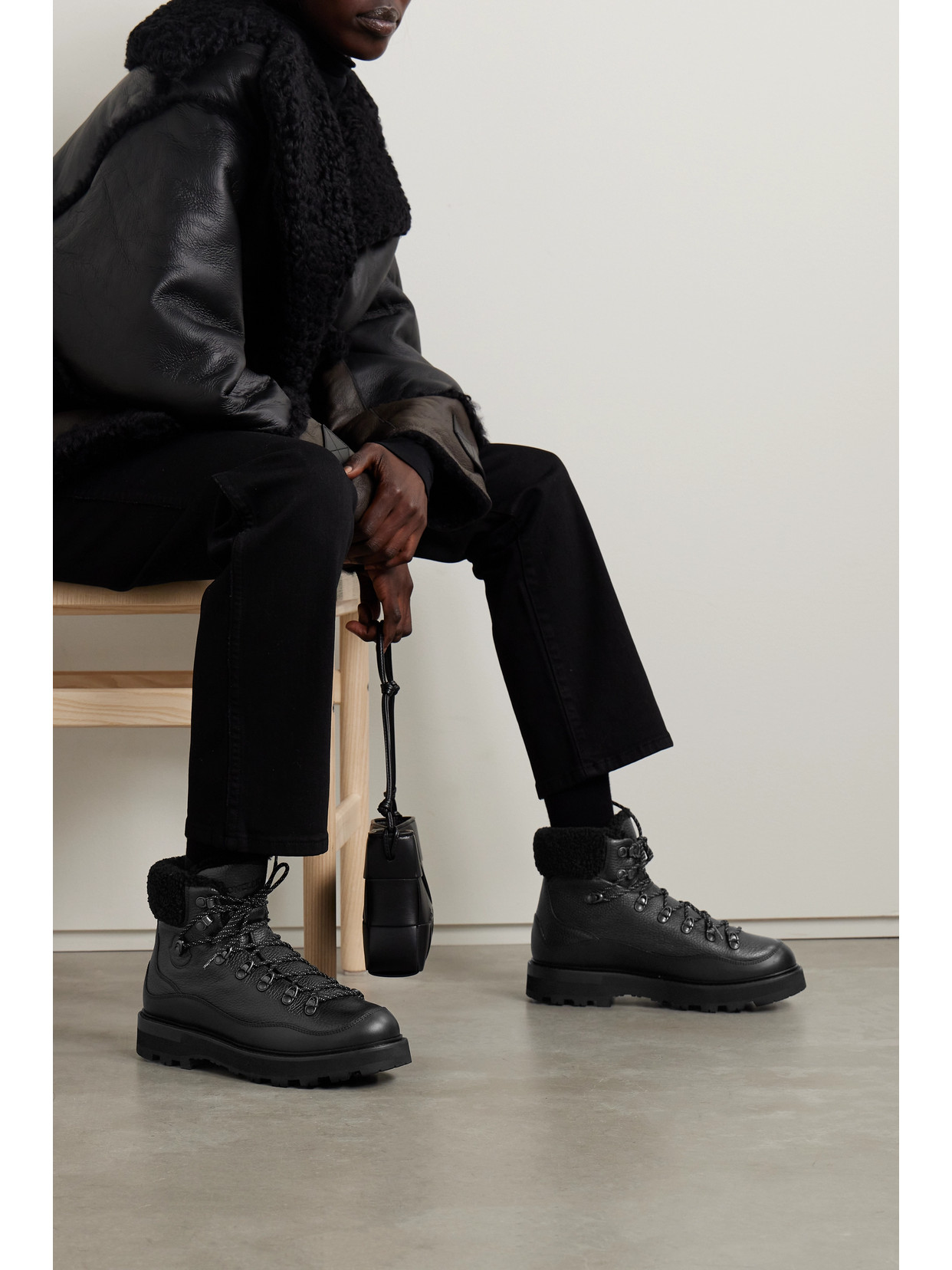 MONCLER PEKA TREK FAUX FUR-TRIMMED TEXTURED-LEATHER ANKLE BOOTS