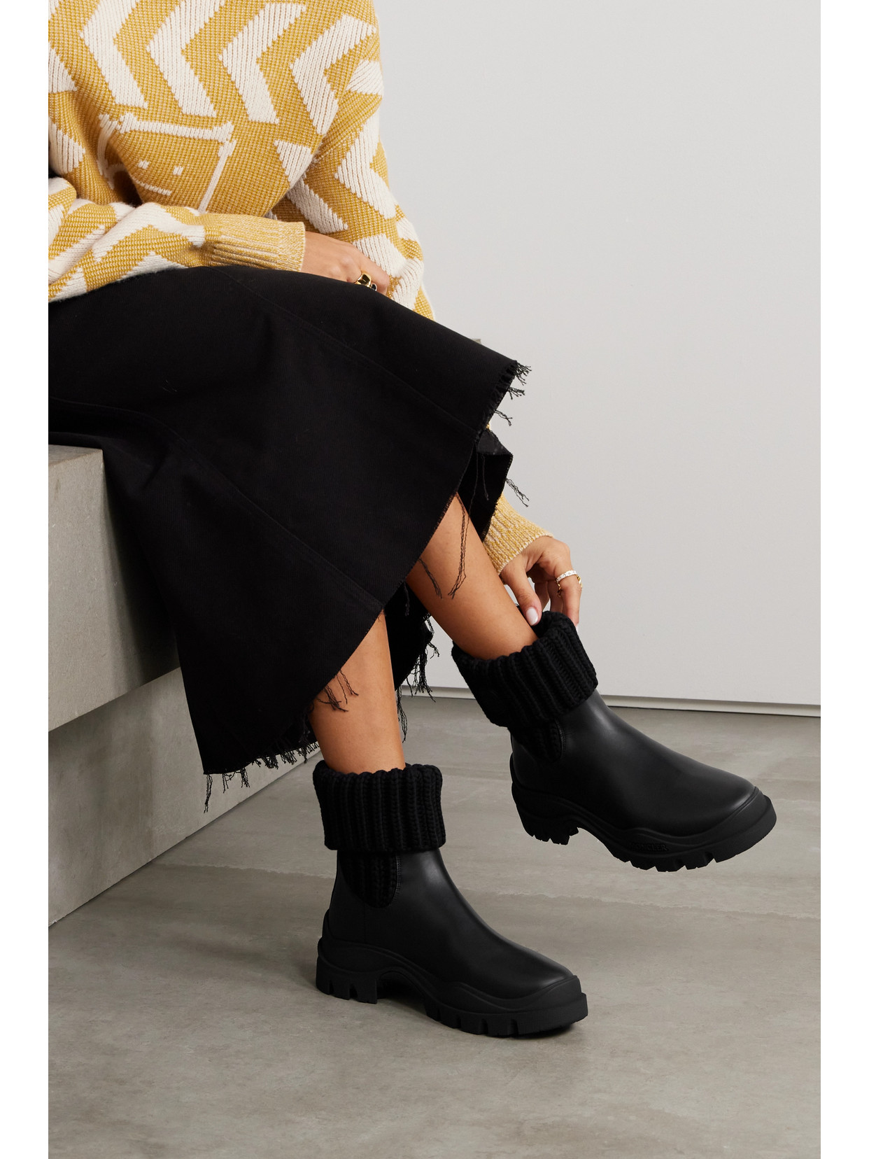 Moncler Larue Ribbed-knit And Leather Ankle Boots In Black