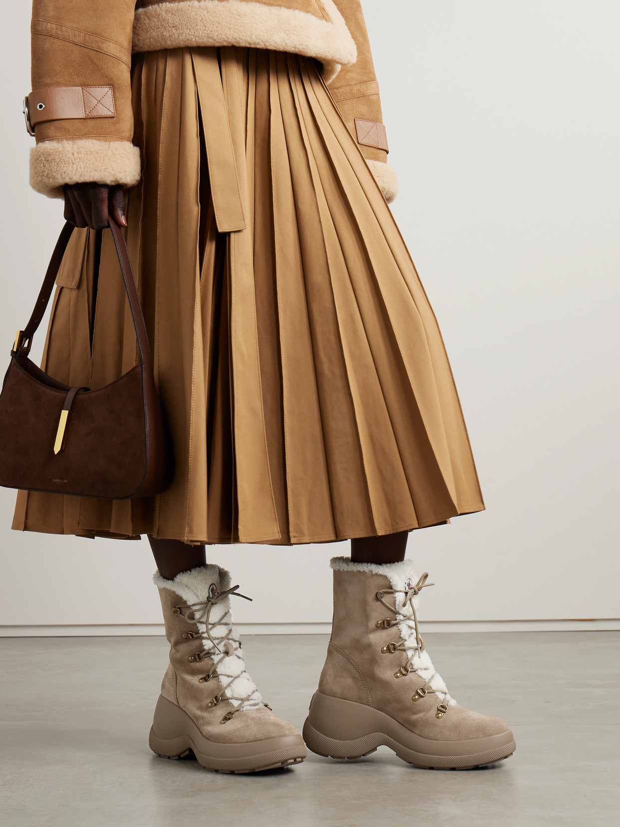 MONCLER RESILE TREK FAUX FUR-TRIMMED SUEDE ANKLE BOOTS