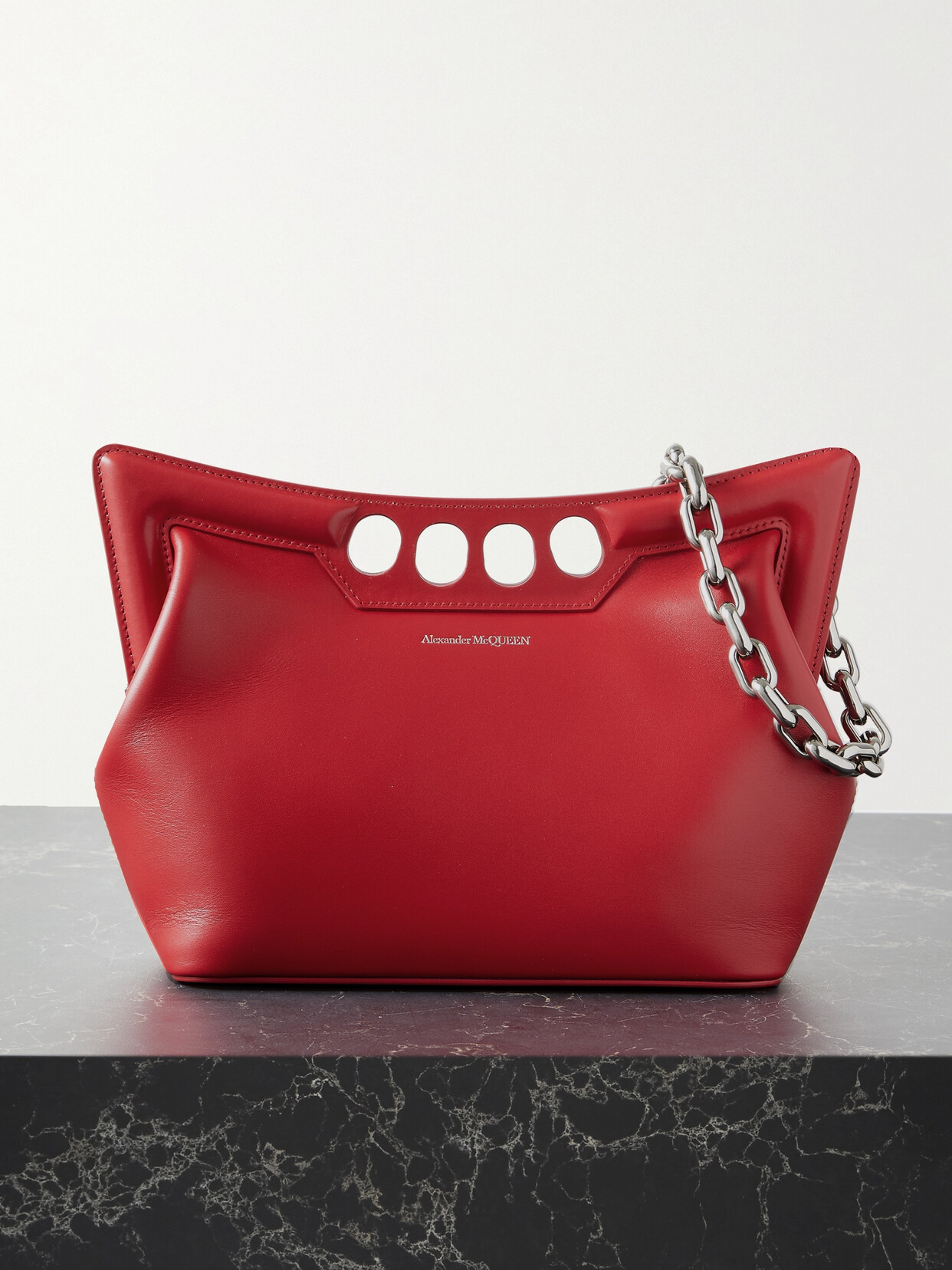 Shop Alexander Mcqueen The Peak Cutout Leather Shoulder Bag In Red