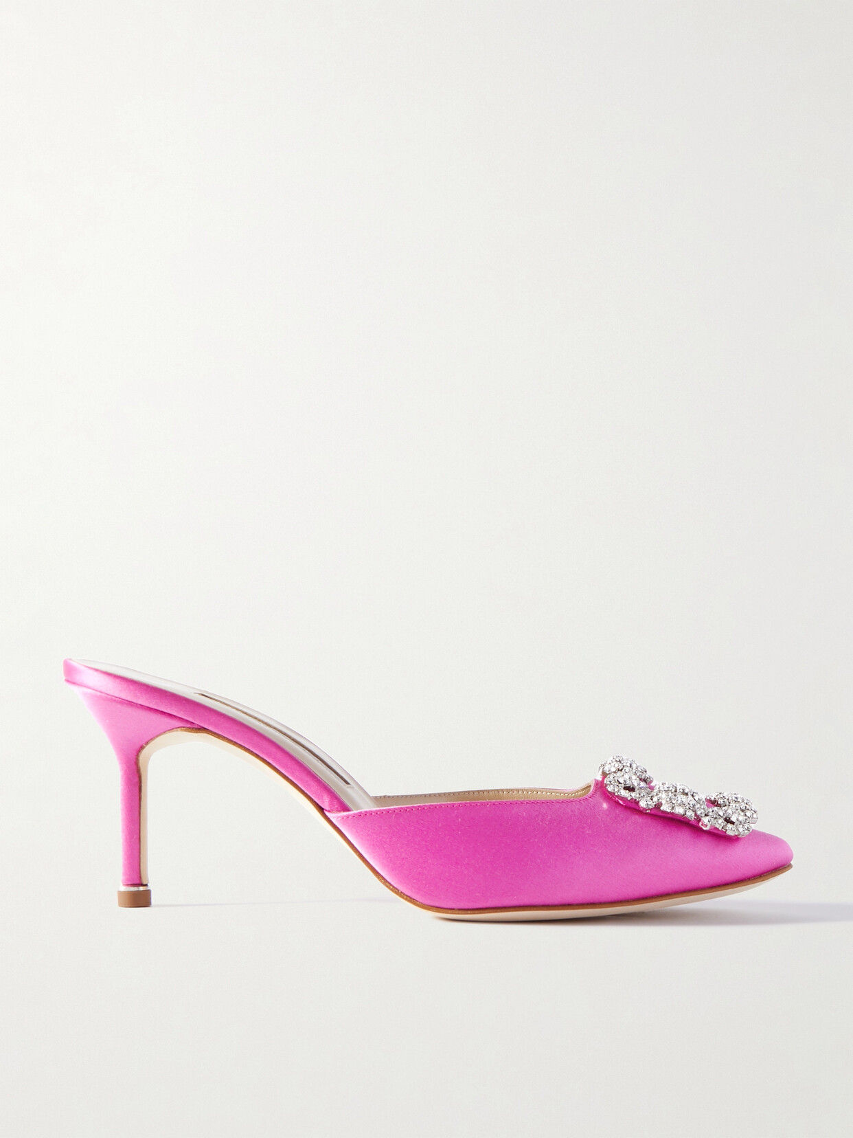 Shop Manolo Blahnik Hangisimu 70 Crystal-embellished Satin Mules In Pink