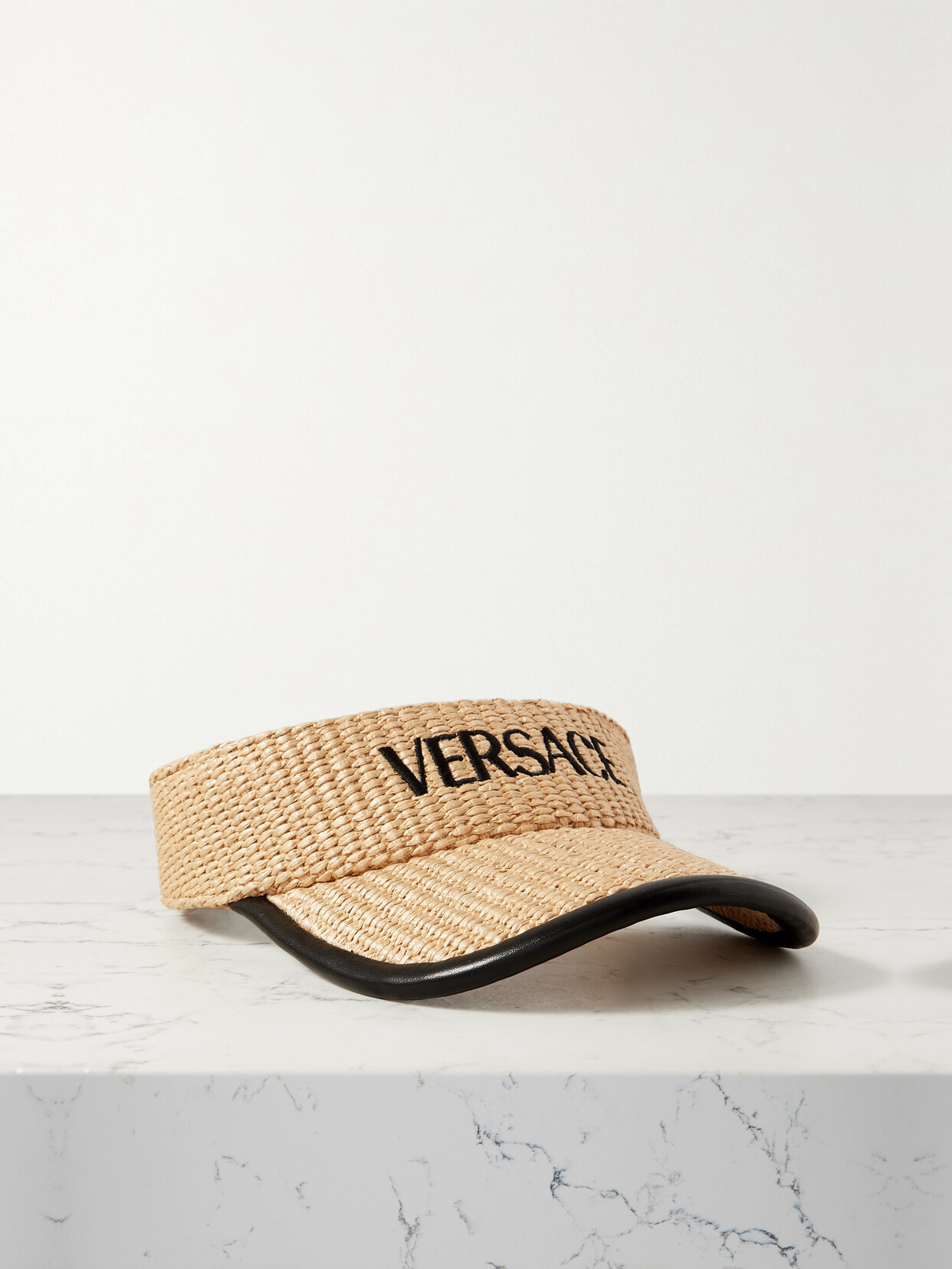 Versace Leather-trimmed Embroidered Raffia Visor - Neutrals
