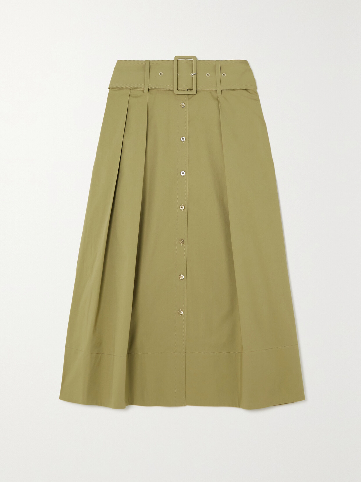 STAUD KINGSLEY BELTED PLEATED STRETCH-COTTON MIDI SKIRT