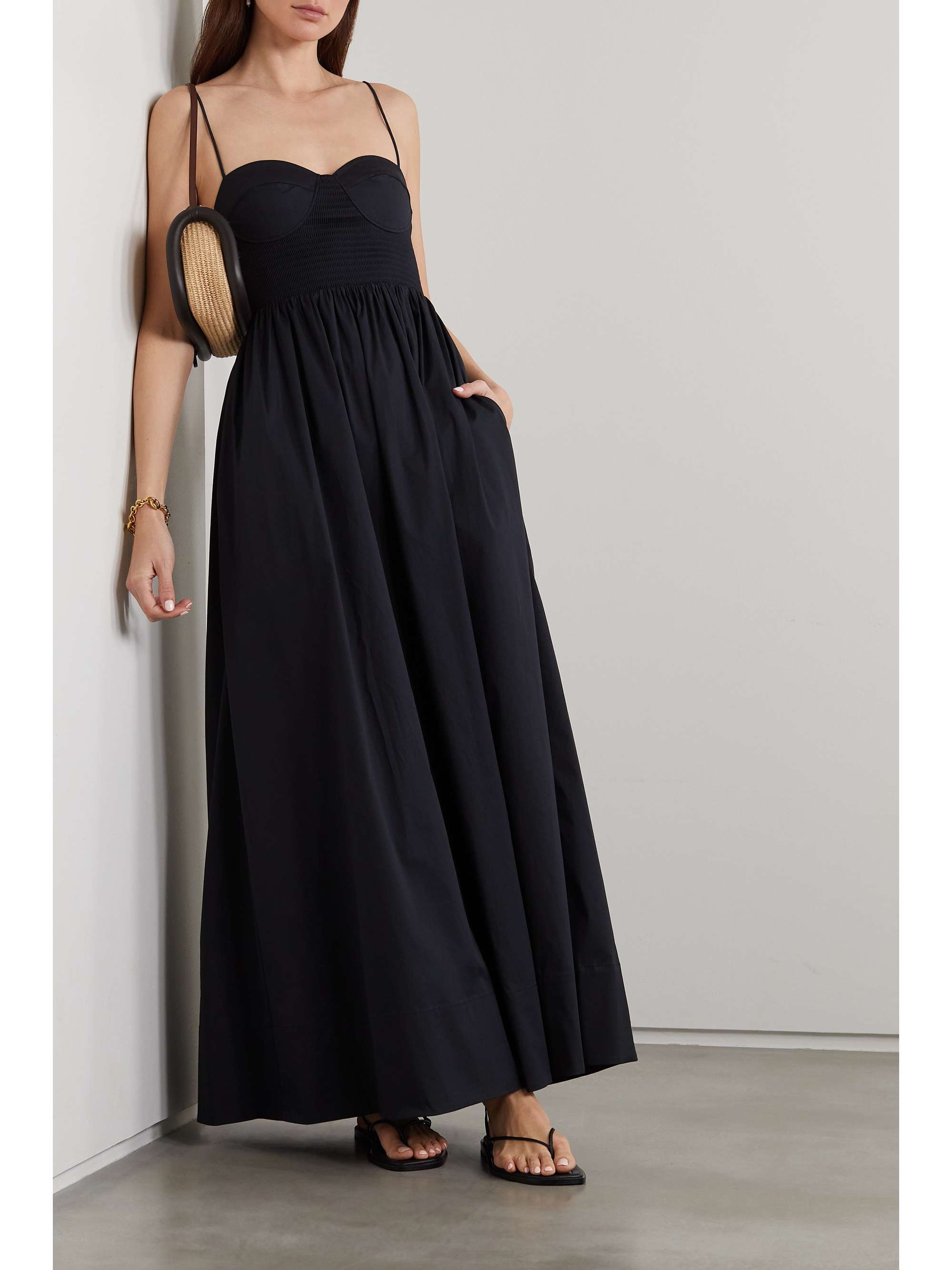 STAUD Landry shirred cotton-blend poplin maxi dress
