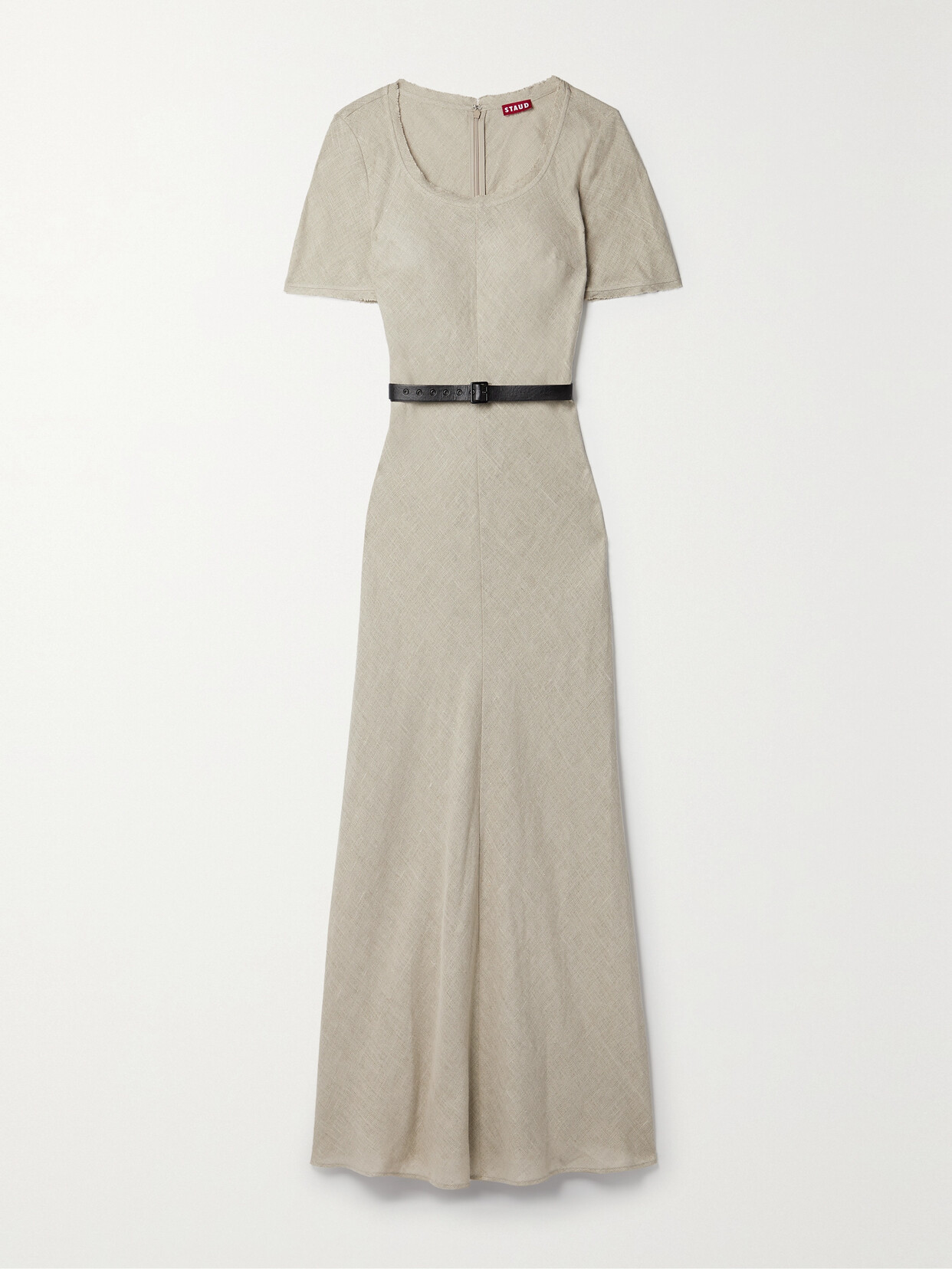 STAUD - Alejandra Belted Frayed Linen Maxi Dress - Neutrals