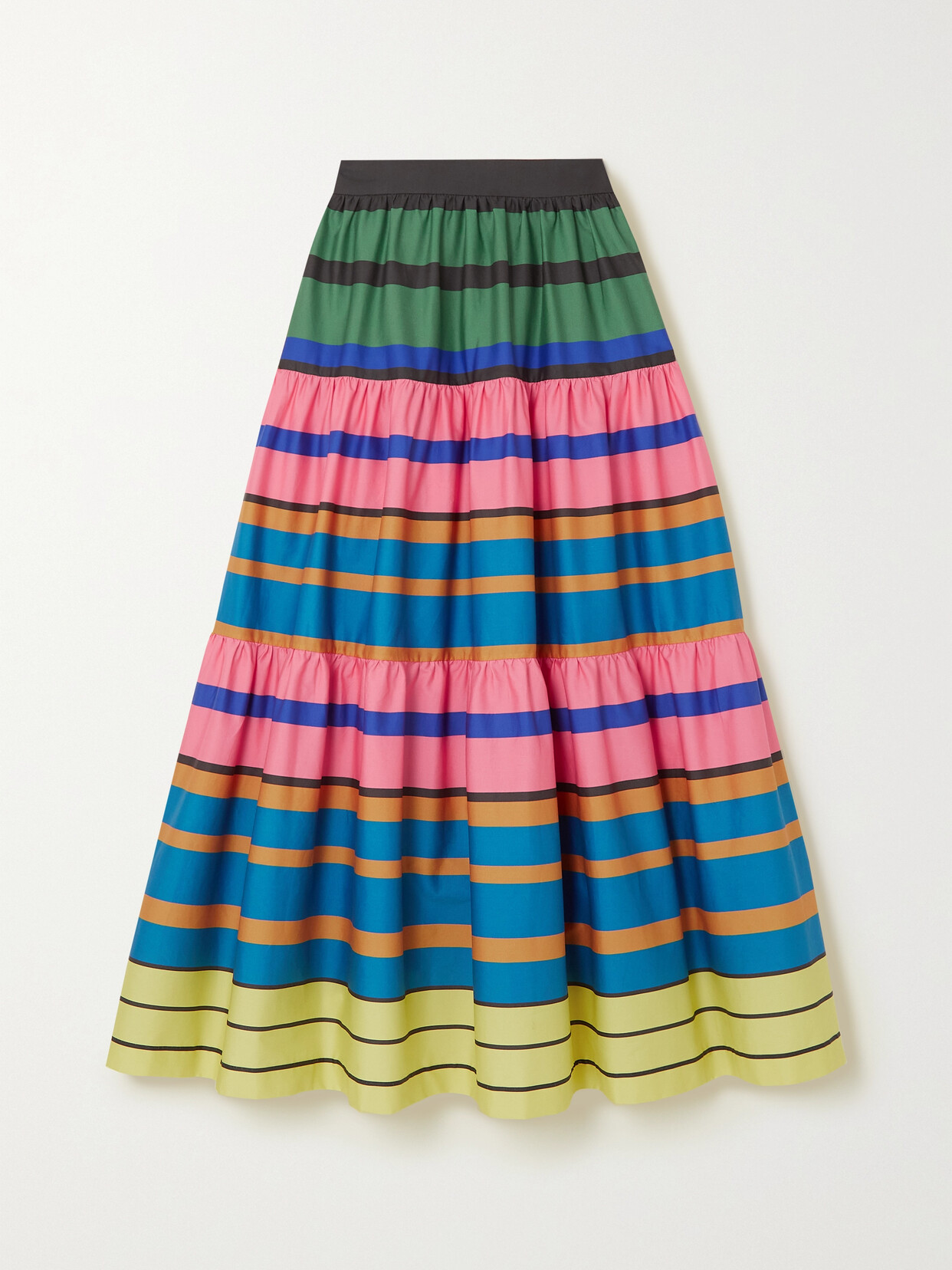 STAUD SEA TIERED STRIPED STRETCH-COTTON MIDI SKIRT