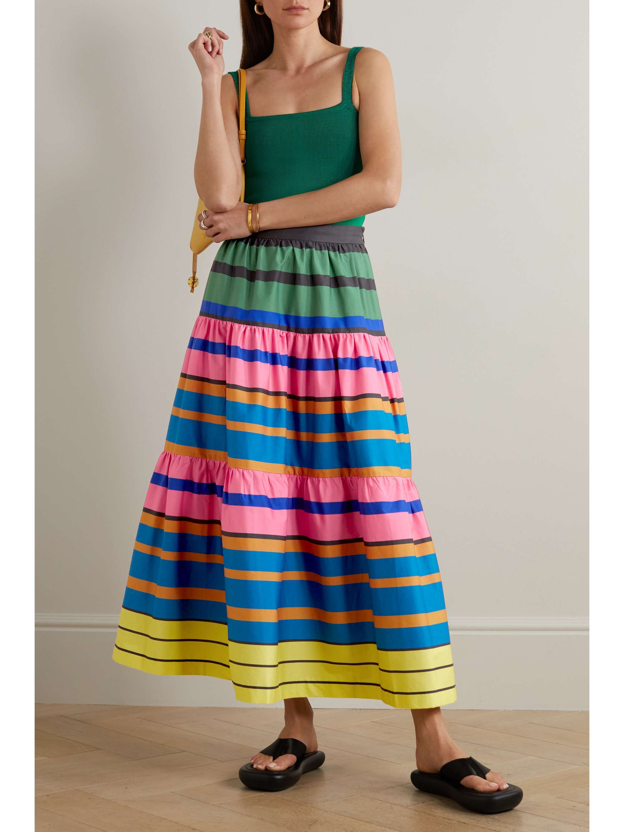 STAUD Sea tiered striped stretch-cotton midi skirt | NET-A-PORTER