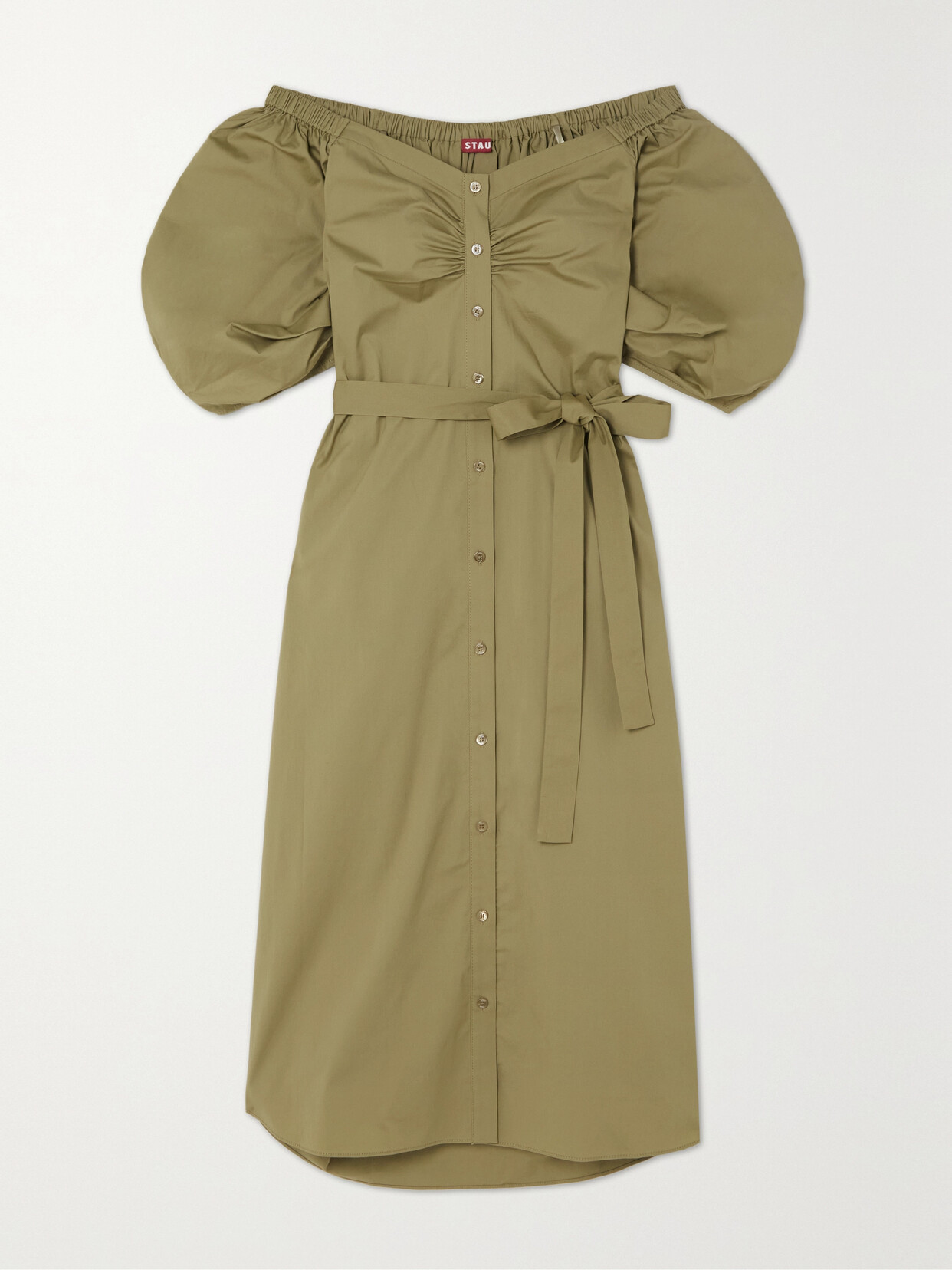 STAUD Reese Off-the-shoulder Belted Gathered Cotton-blend Poplin Midi Dress