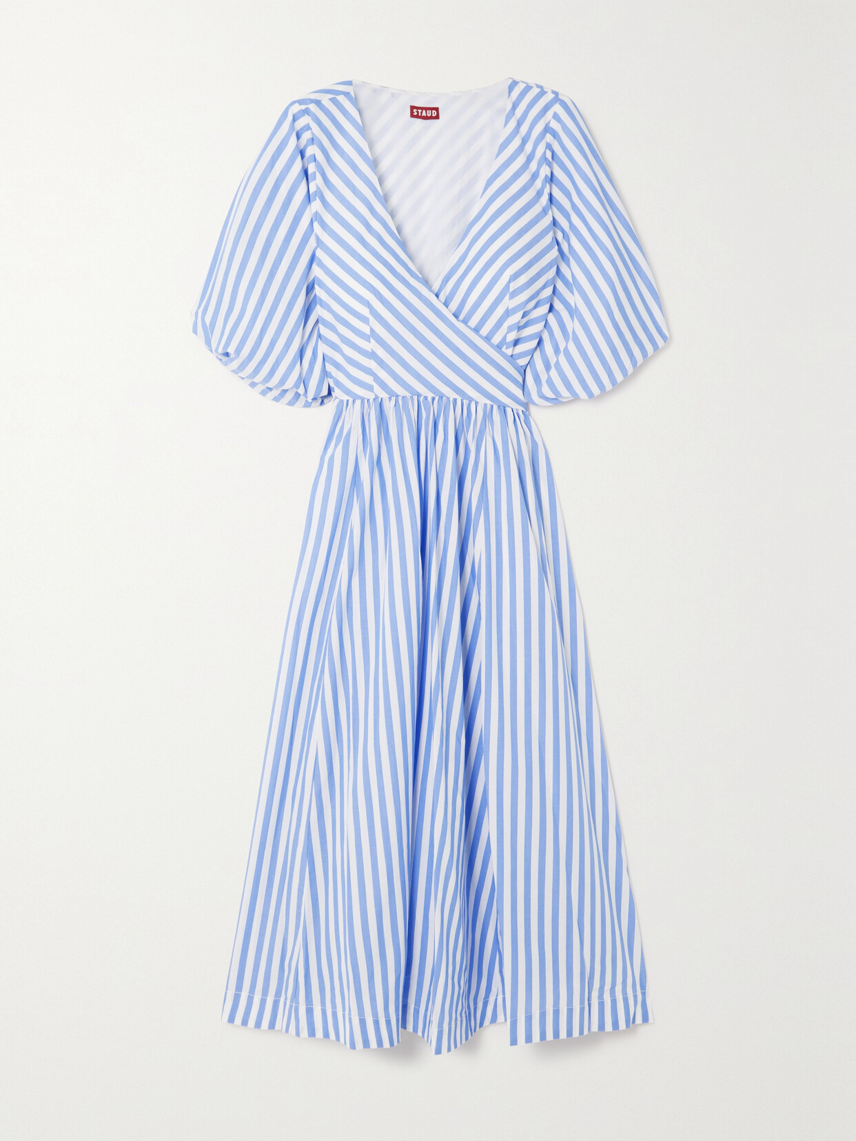 STAUD Jodie Striped Cotton-poplin Midi Wrap Dress - Blue
