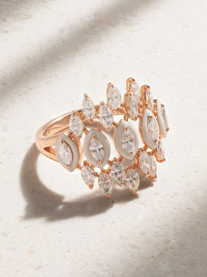 Kamyen Marquise 18-karat Rose Gold, Diamond And Enamel Pinky Ring