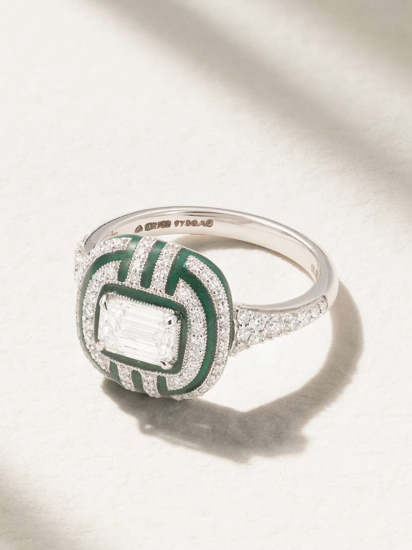 Kamyen Art Deco 18-karat White Gold, Enamel And Diamond Ring