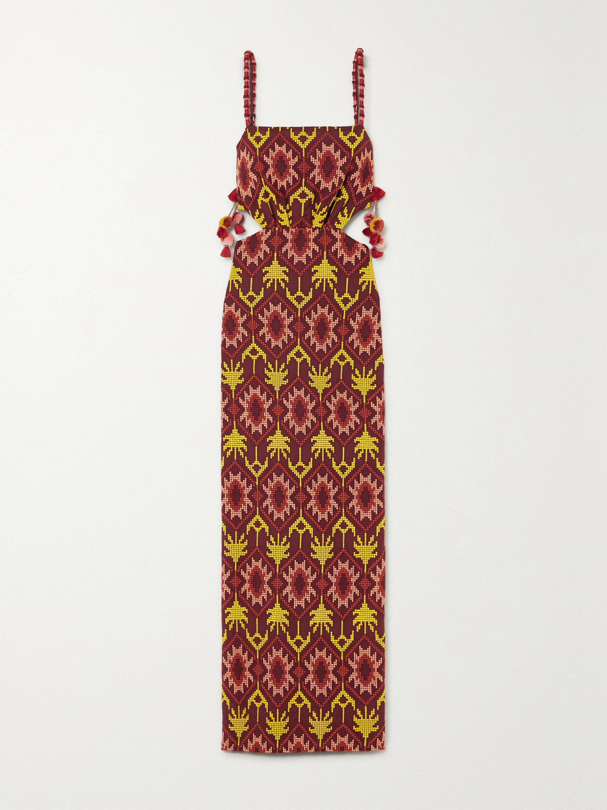 JOHANNA ORTIZ + NET SUSTAIN BRAIDED HISTORY CUTOUT POM POM-EMBELLISHED EMBROIDERED WOVEN MAXI DRESS