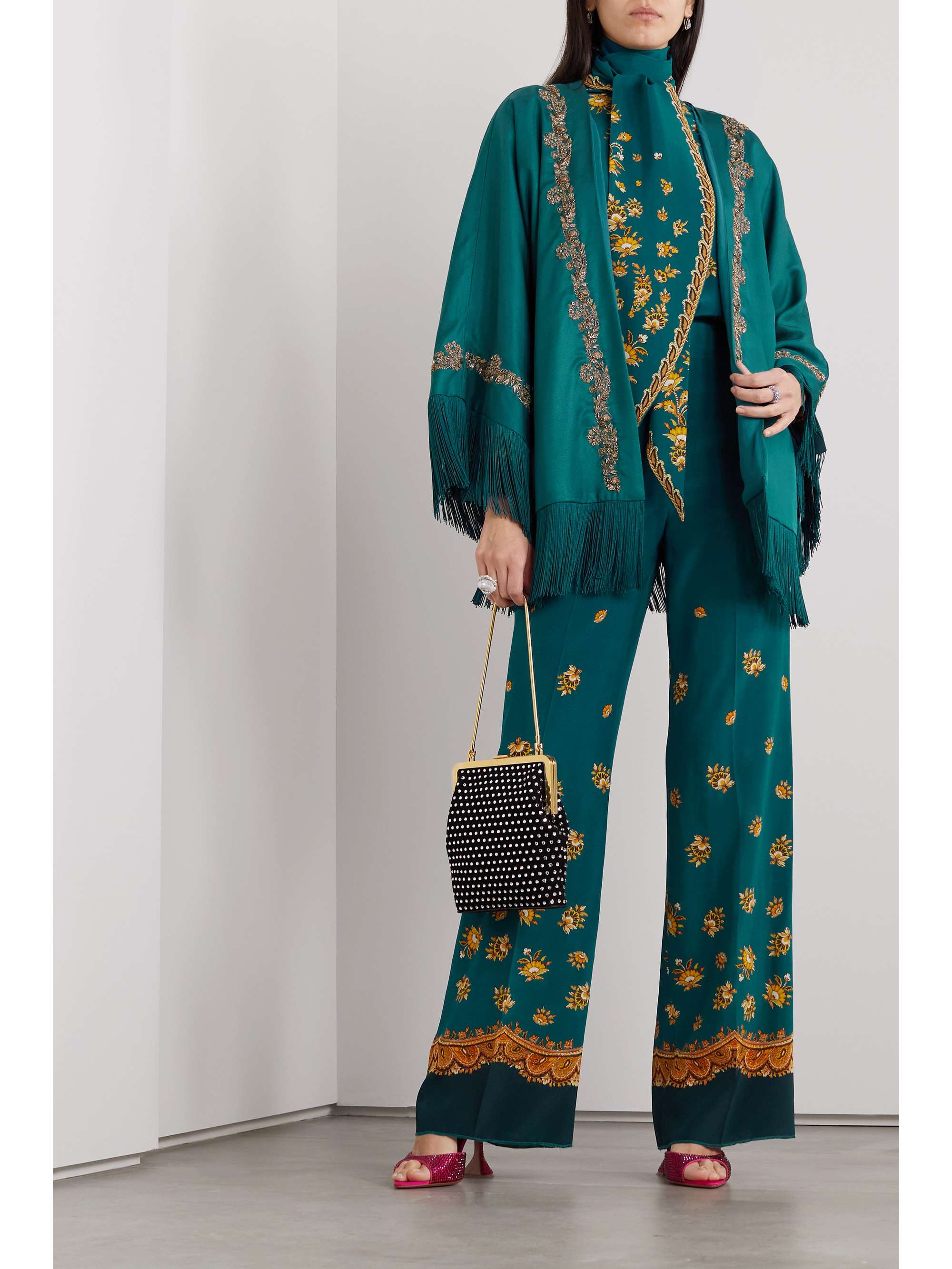 ETRO Fringed embellished embroidered satin jacket