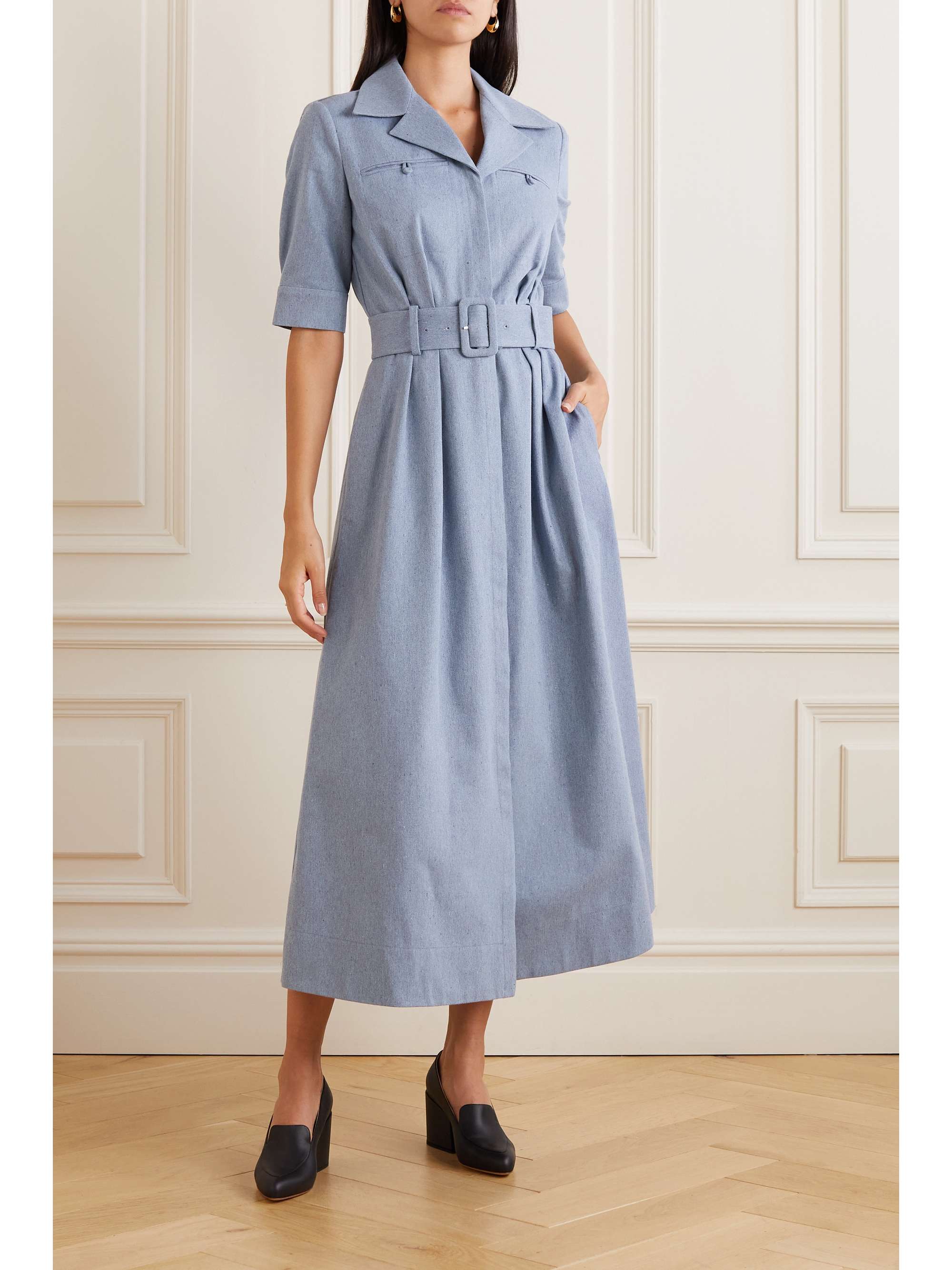 Chambray-trimmed Belted Long Dress