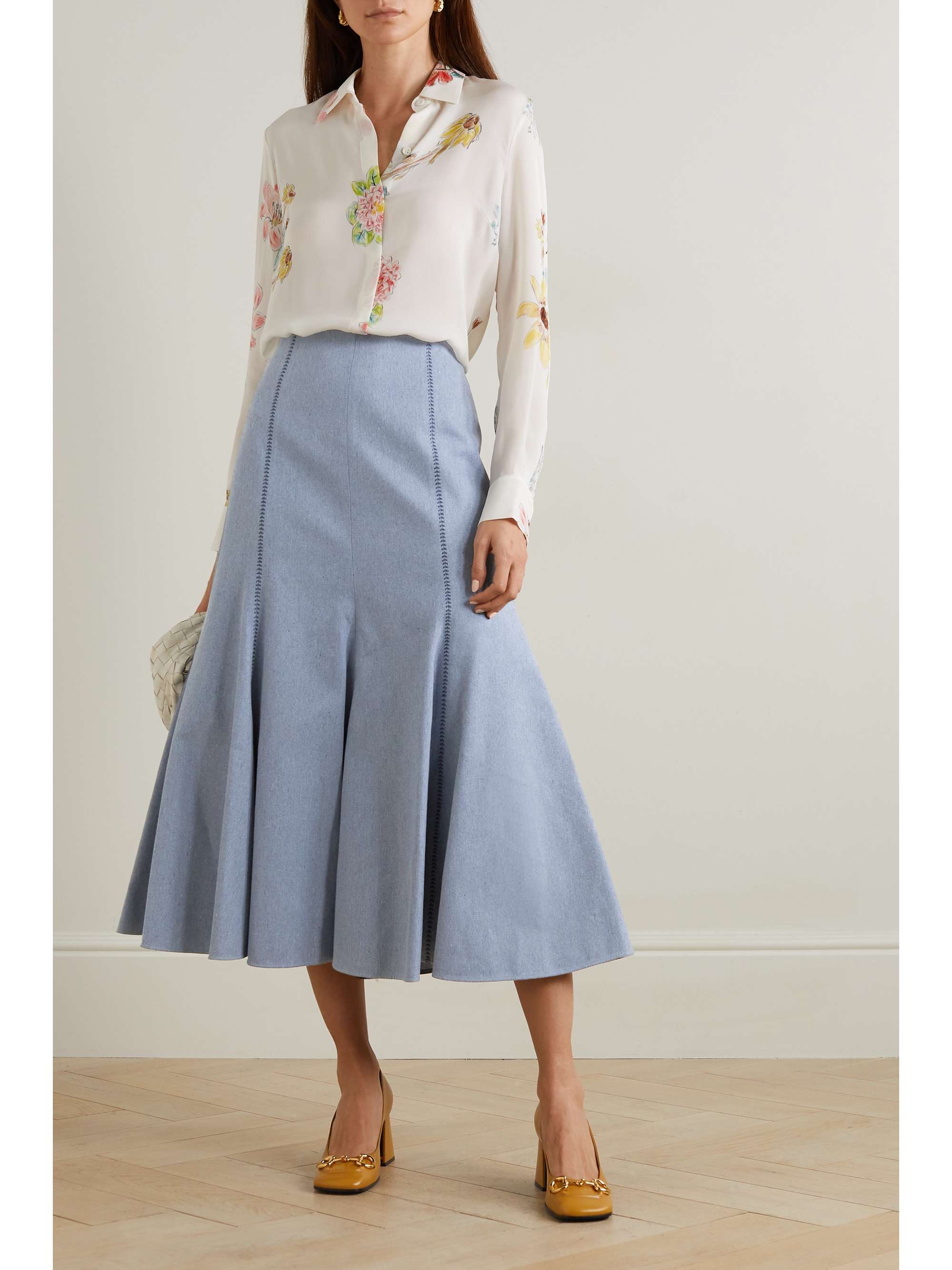 GABRIELA HEARST Amy paneled embroidered denim midi skirt | NET-A-PORTER