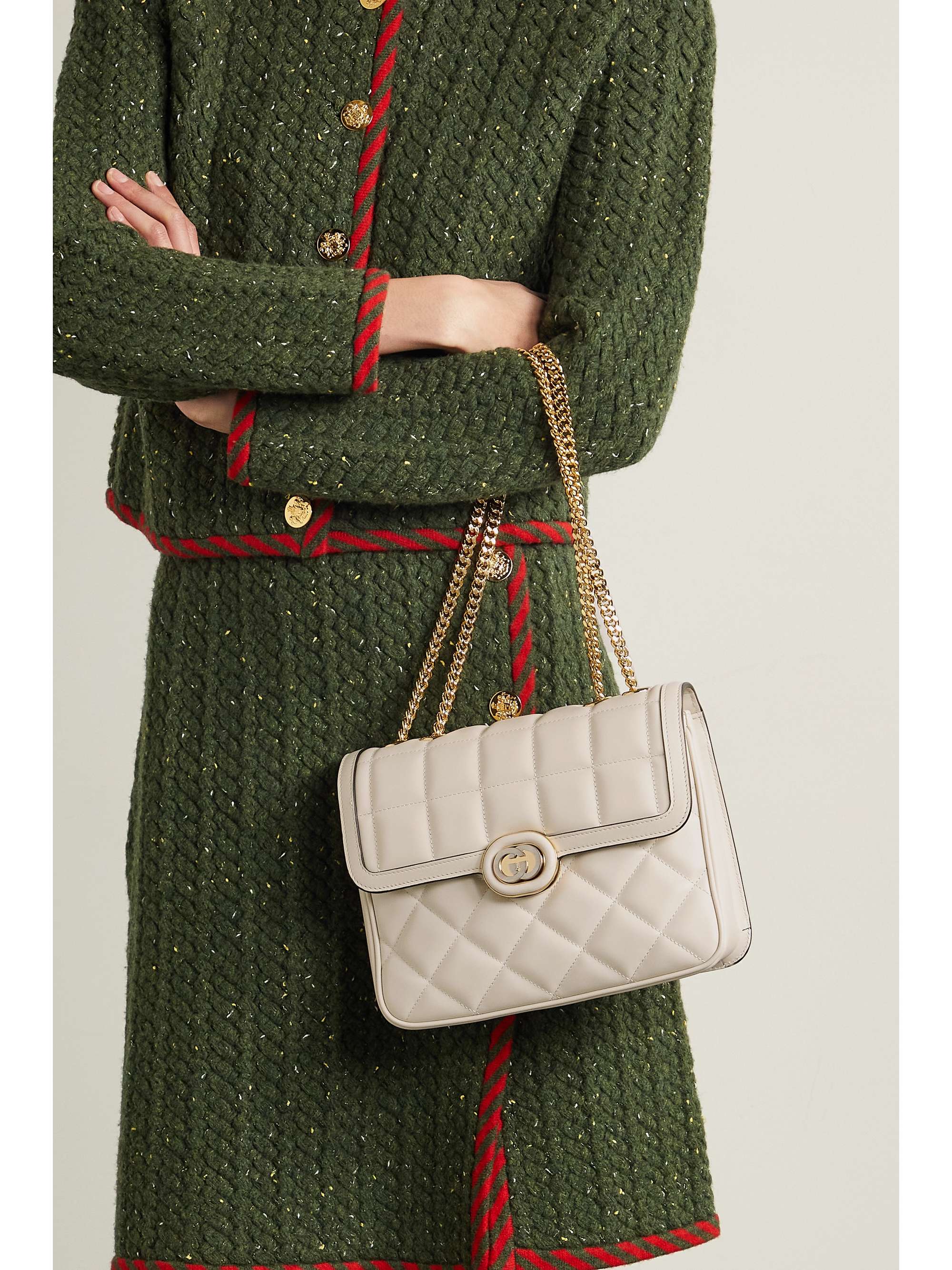 GUCCI Deco 带缀饰绗缝皮革小号单肩包