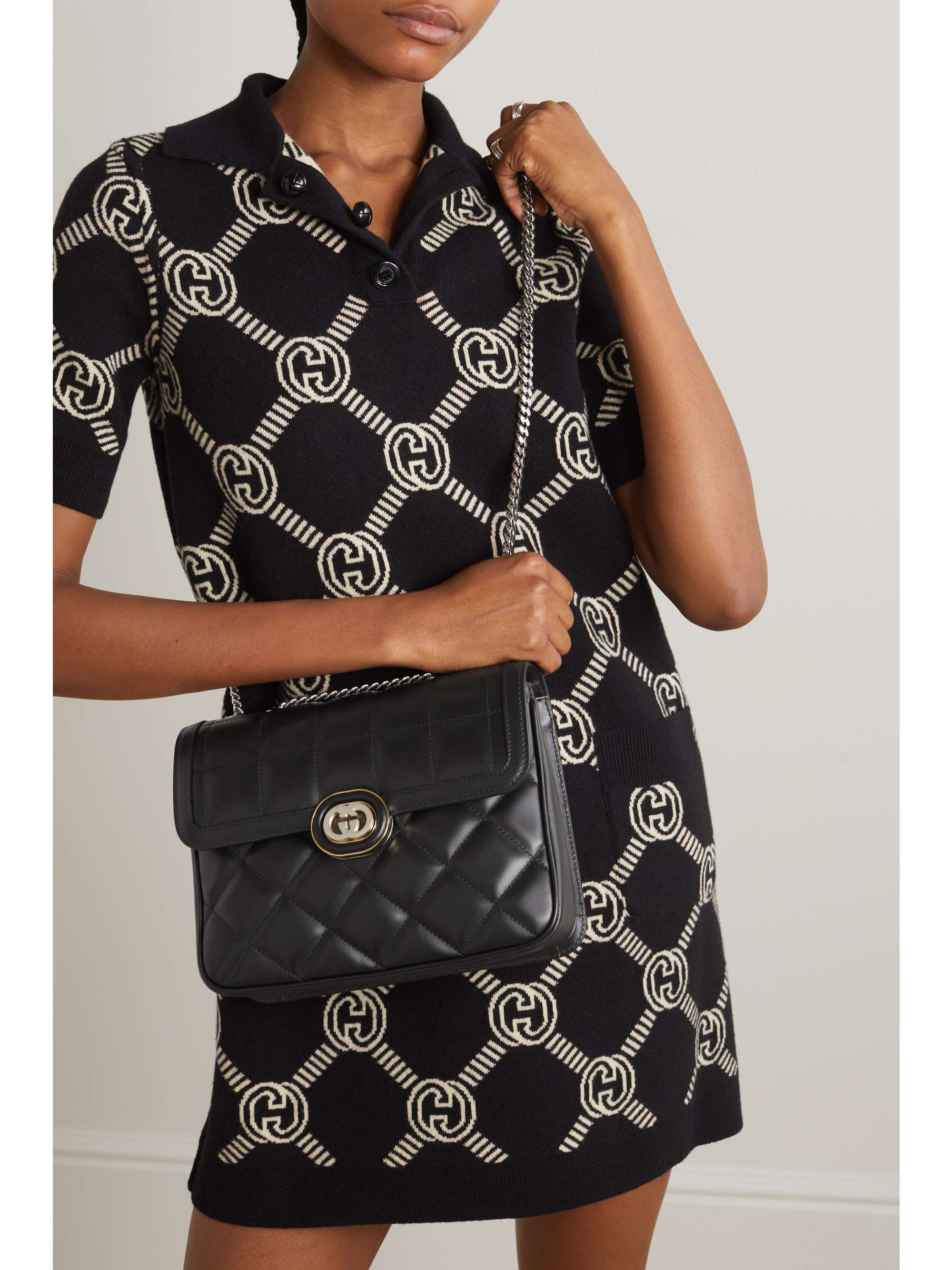 GUCCI Deco logo embellished quilted leather shoulder bag NET A