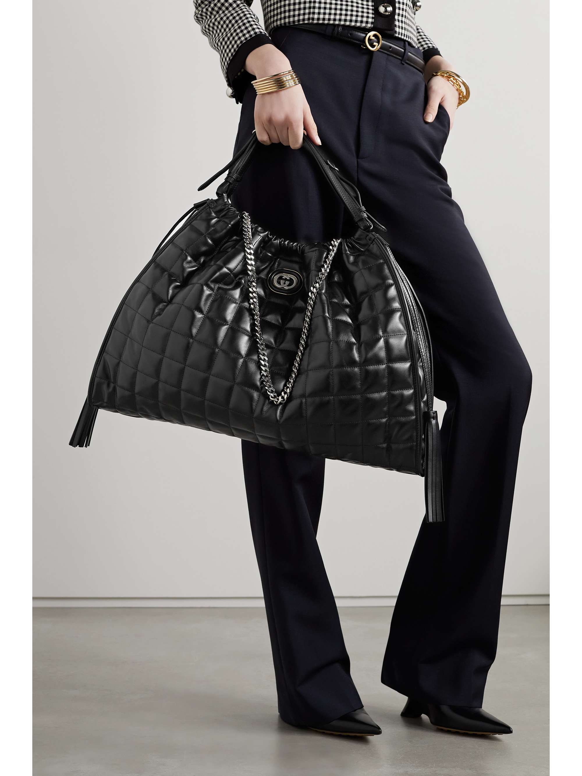 Gucci Deco embellished quilted leather tote Women Black Tote Bags