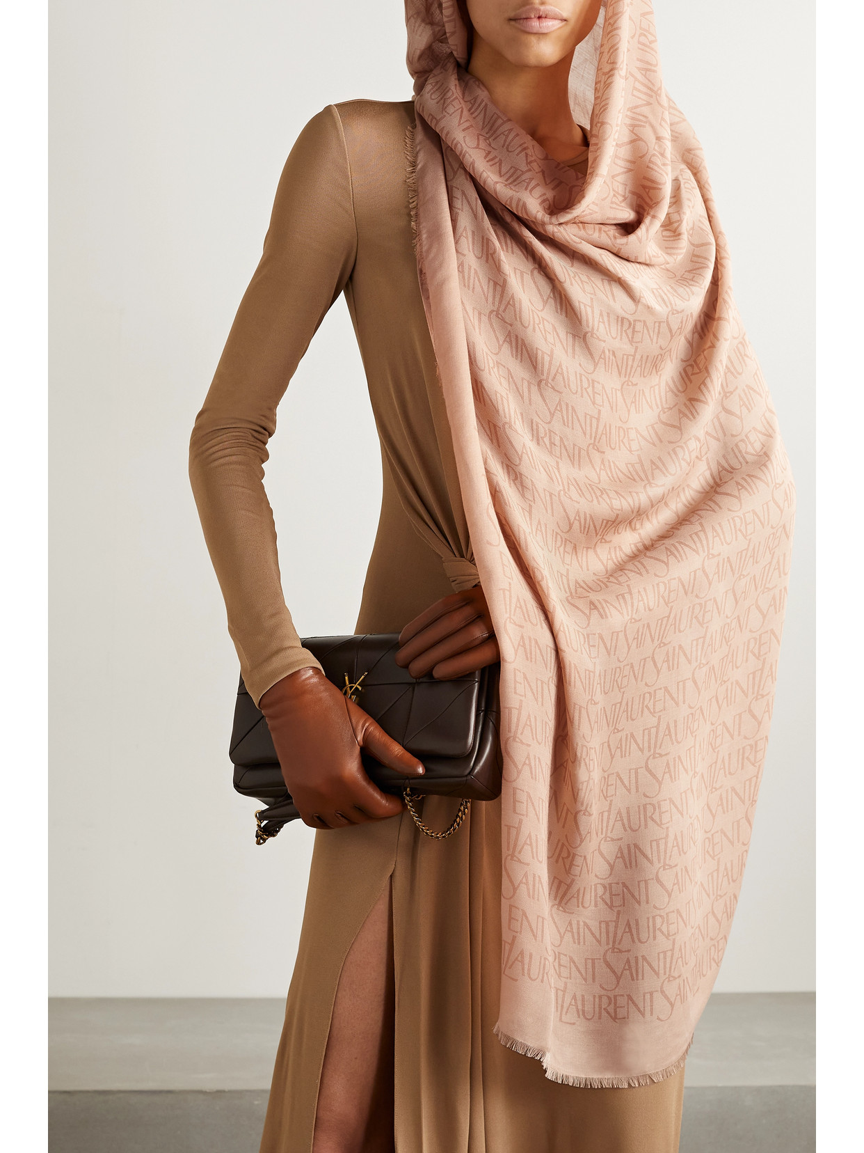 Saint Laurent Large Square Scarf In Modal And Cashmere In Neutrals
