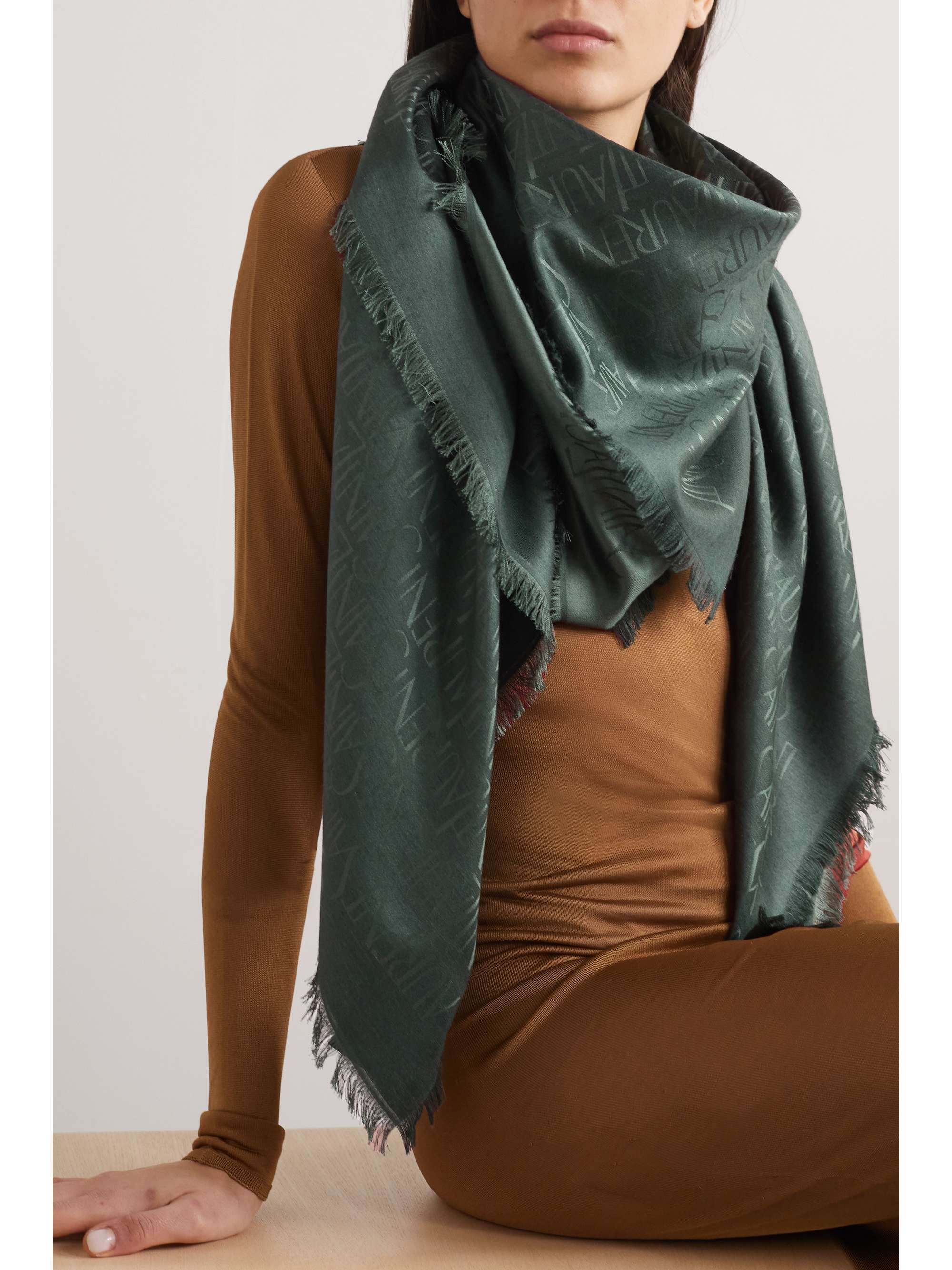 Fringed wool and silk-blend jacquard scarf