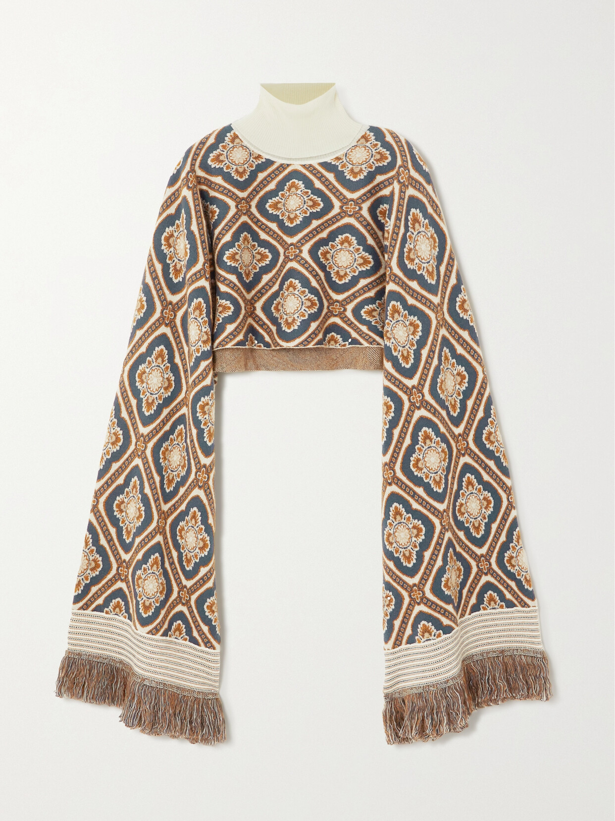 Etro - Fringed Wool-blend Jacquard Turtleneck Poncho - Brown