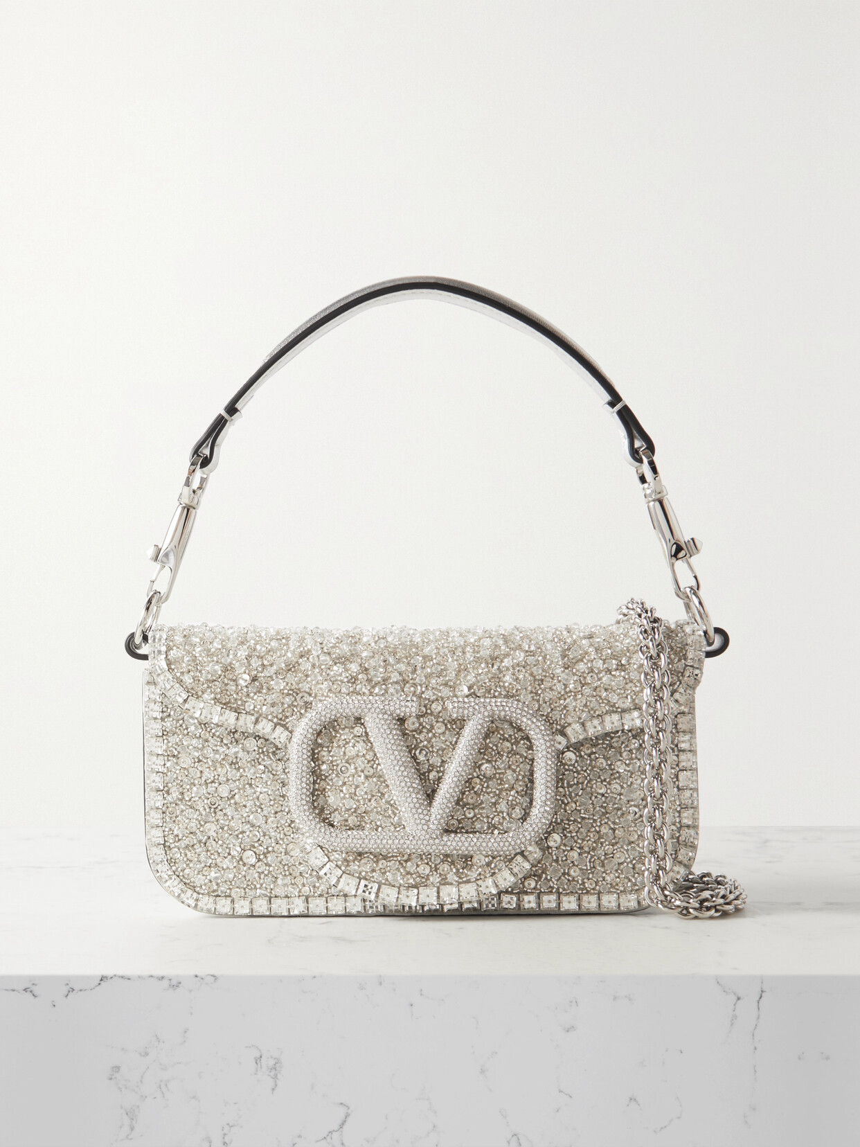 Valentino Garavani - Locò Small Embellished Metallic Leather Shoulder Bag - Silver