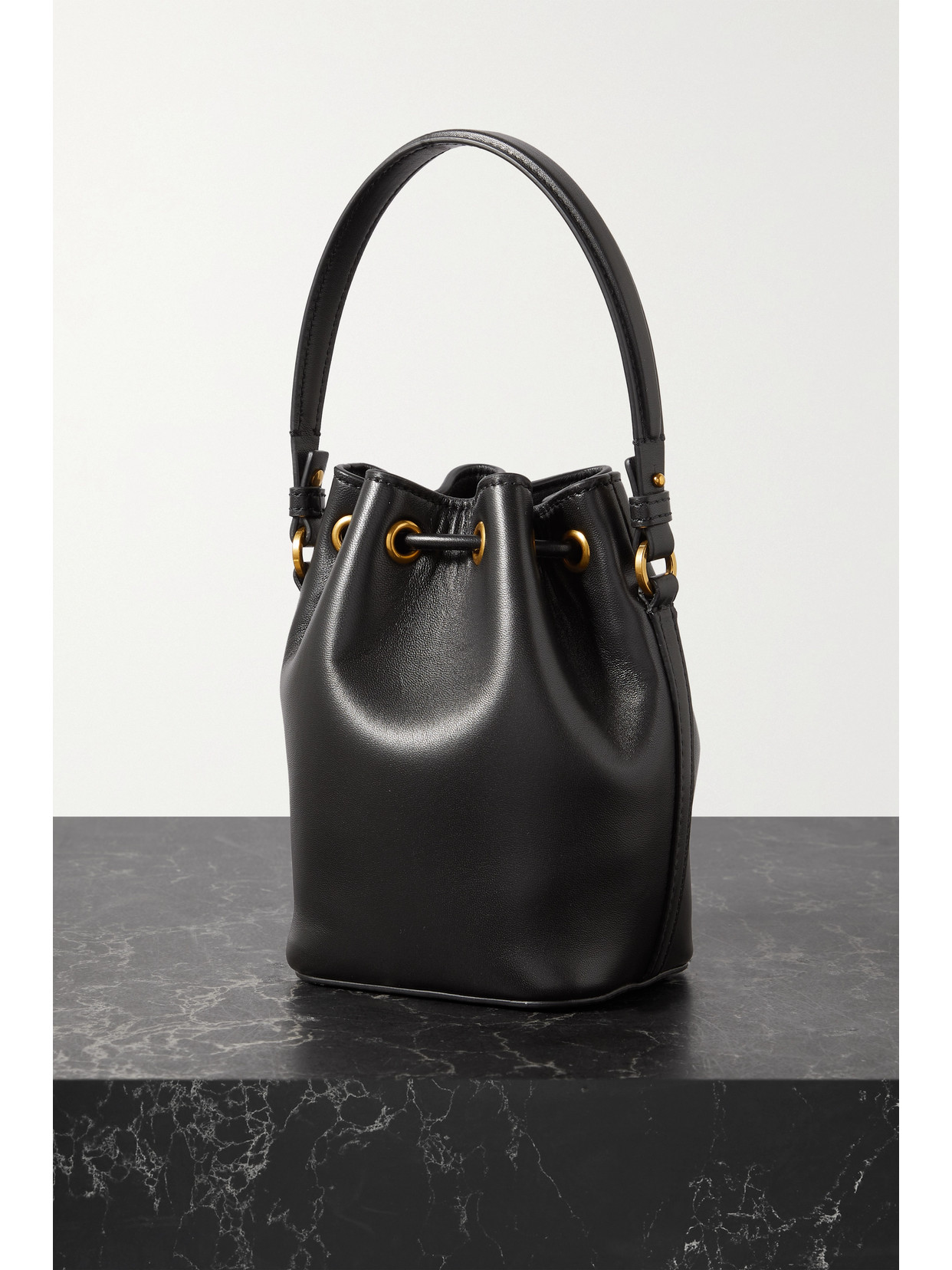 Shop Valentino Vlogo Mini Embellished Leather Bucket Bag In Black