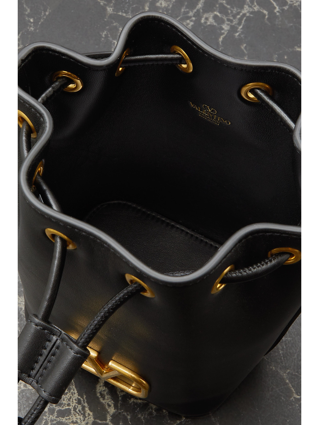 Valentino Vlogo Mini Embellished Leather Bucket Bag In Black