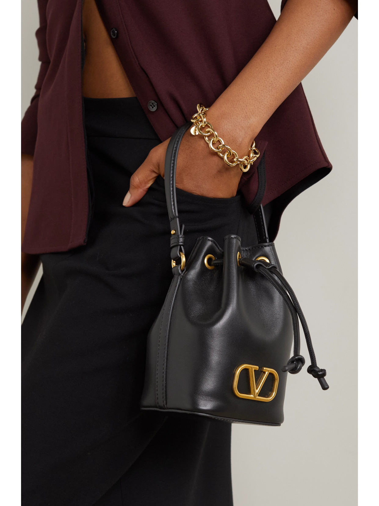 Valentino Vlogo Mini Embellished Leather Bucket Bag In Black