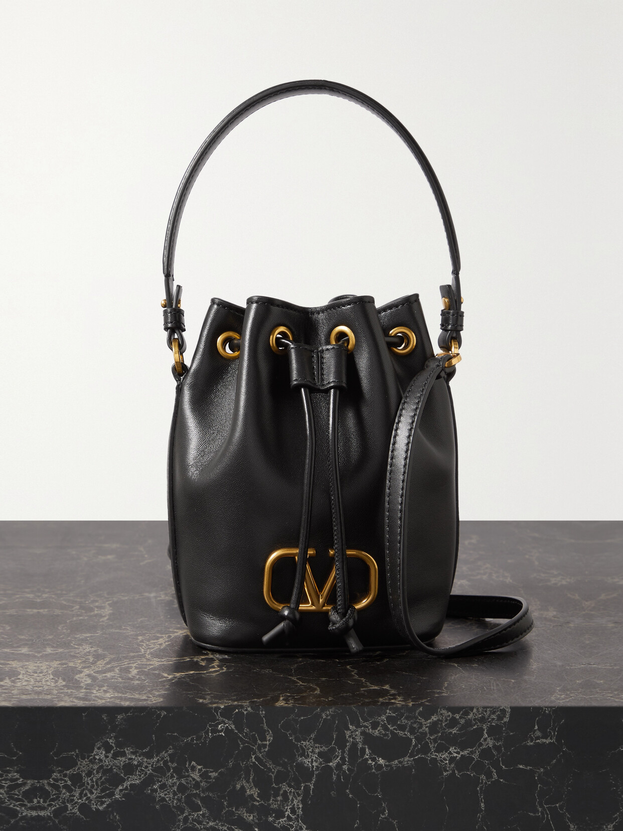 Shop Valentino Vlogo Mini Embellished Leather Bucket Bag In Black