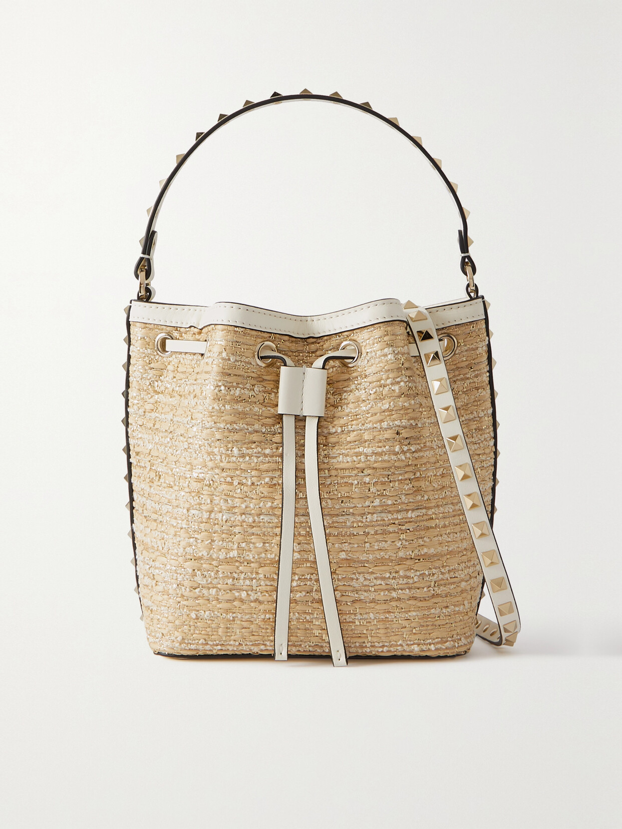 Valentino Garavani - Rockstud Leather-trimmed Metallic Bouclé Bucket Bag - Neutrals