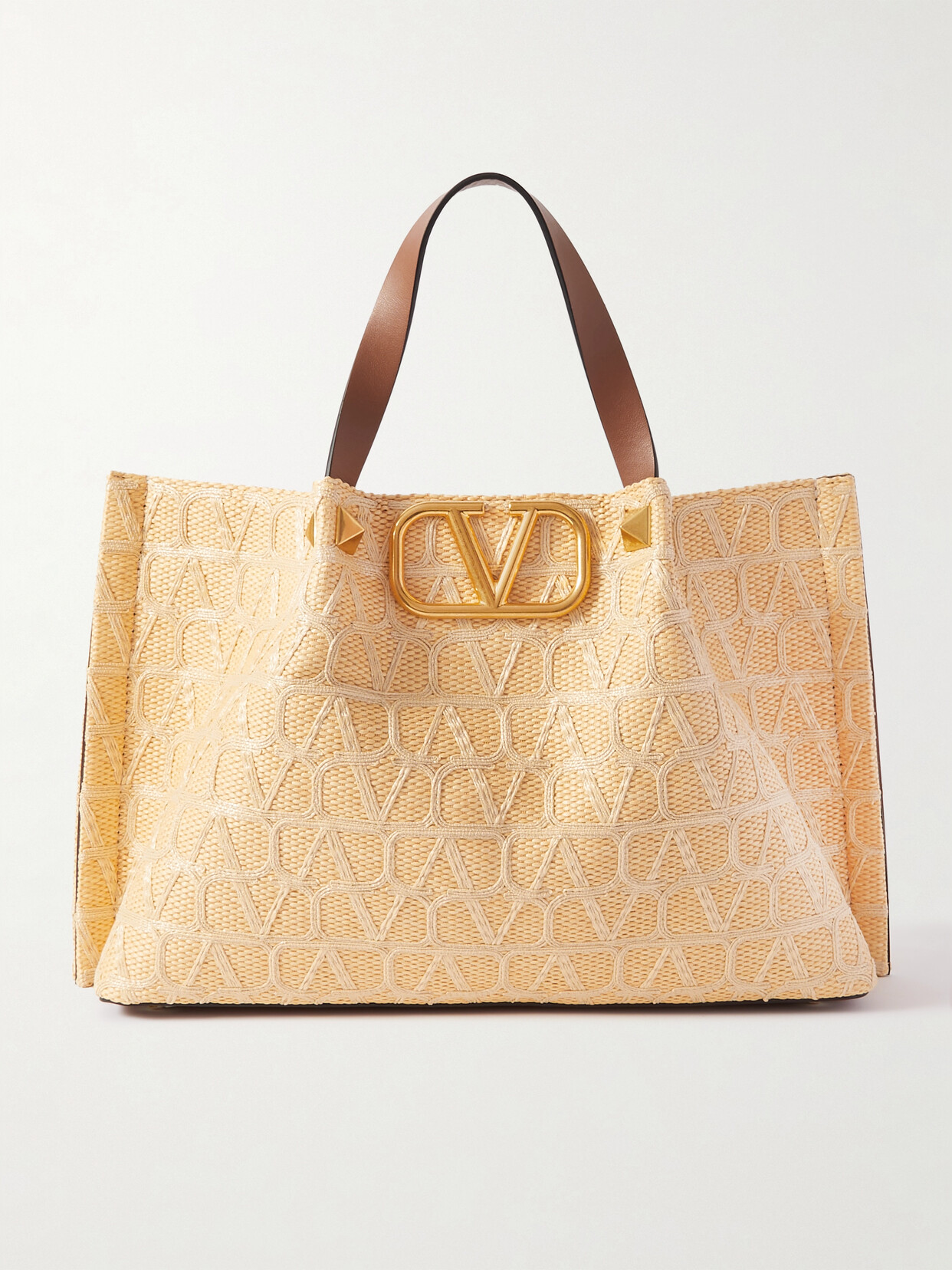 Valentino Garavani Vlogo Medium Leather-trimmed Embroidered Raffia Tote In Neutrals