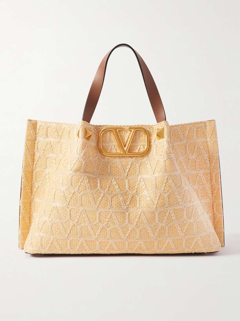 Valentino Garavani Vlogo Medium Leather-trimmed Embroidered Raffia Tote