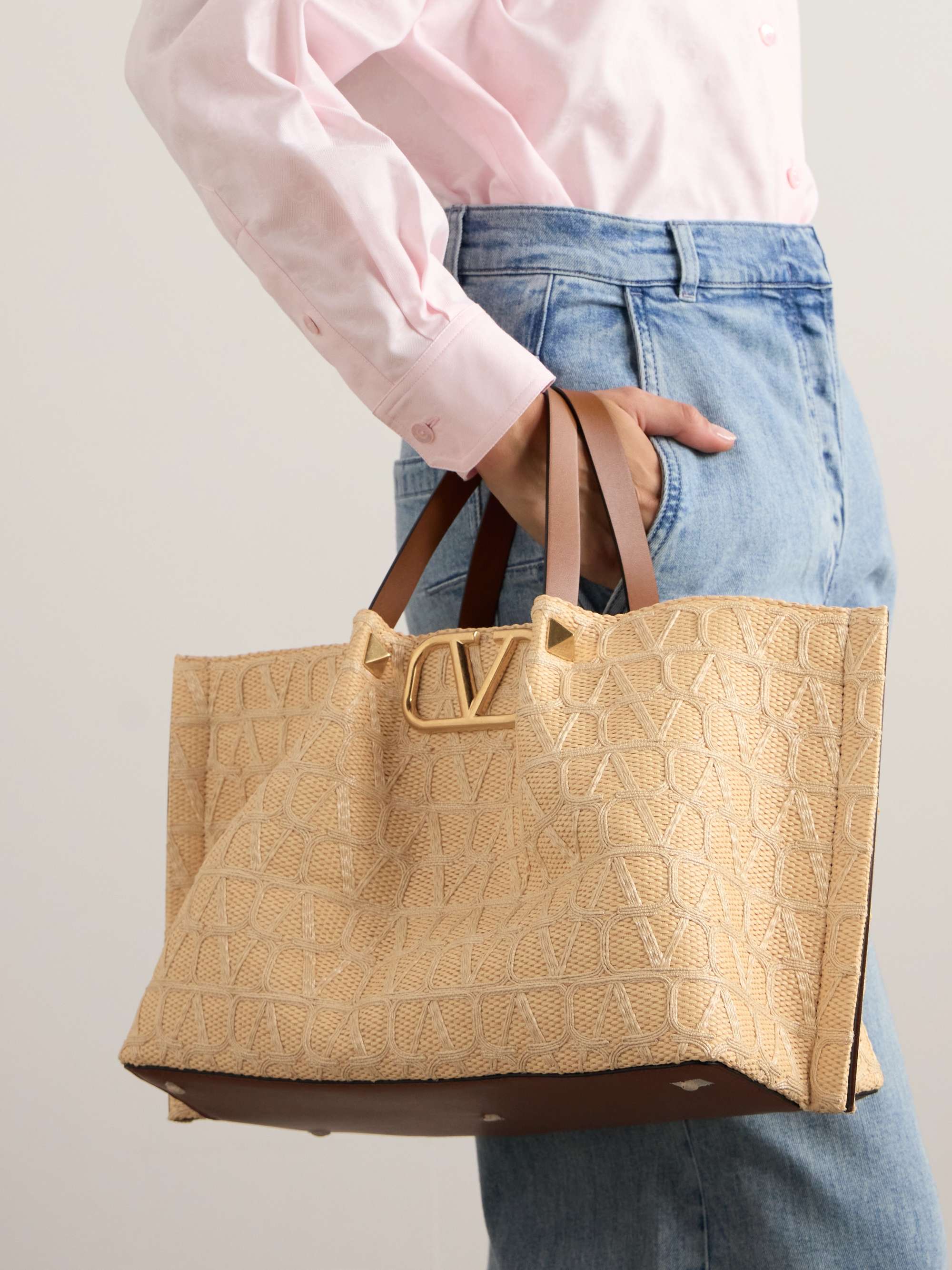 VLOGO leather-trimmed woven raffia tote